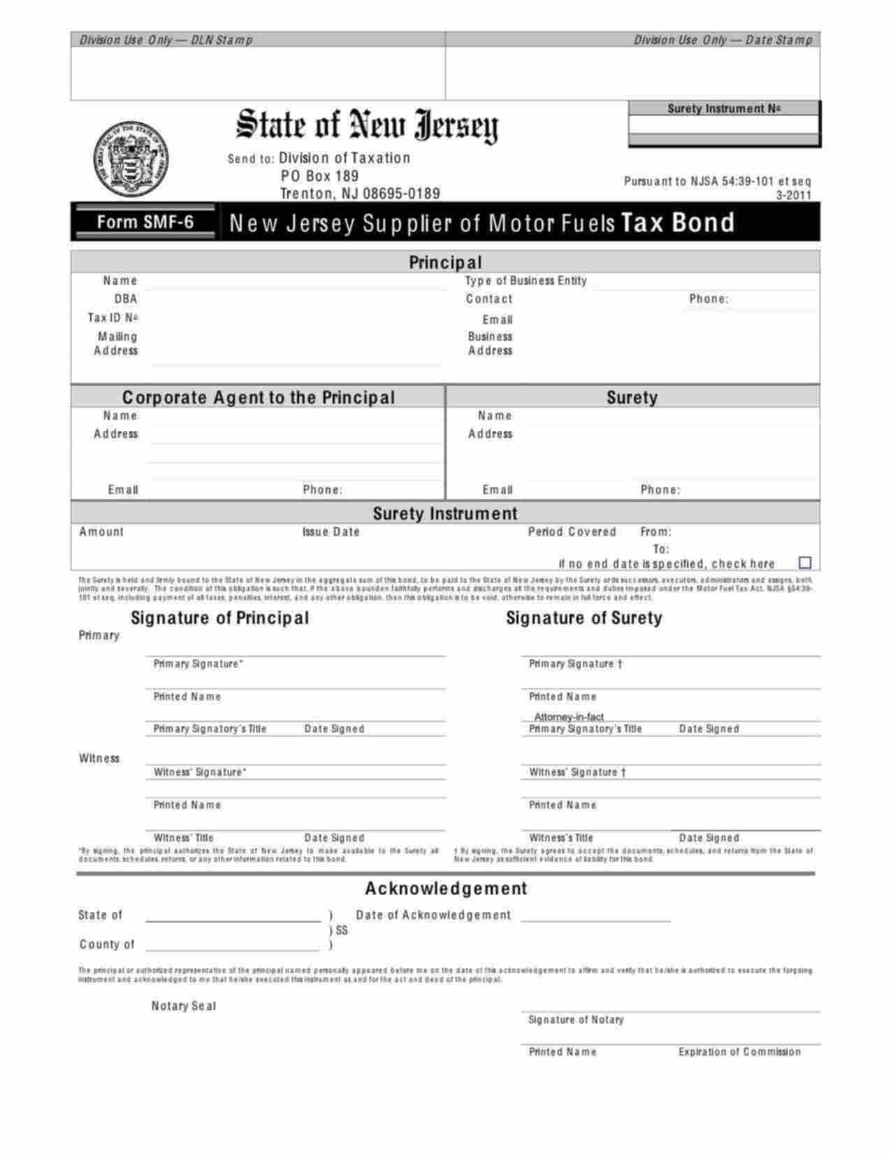 New Jersey Motor Fuels Tax - Supplier Bond Form