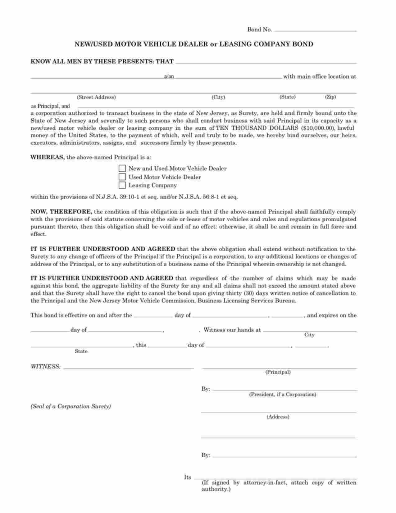 New Jersey Motor Vehicle Dealer Bond Form