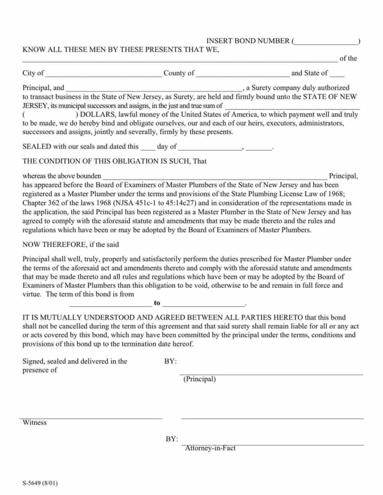 New Jersey Master Plumber Bond Form