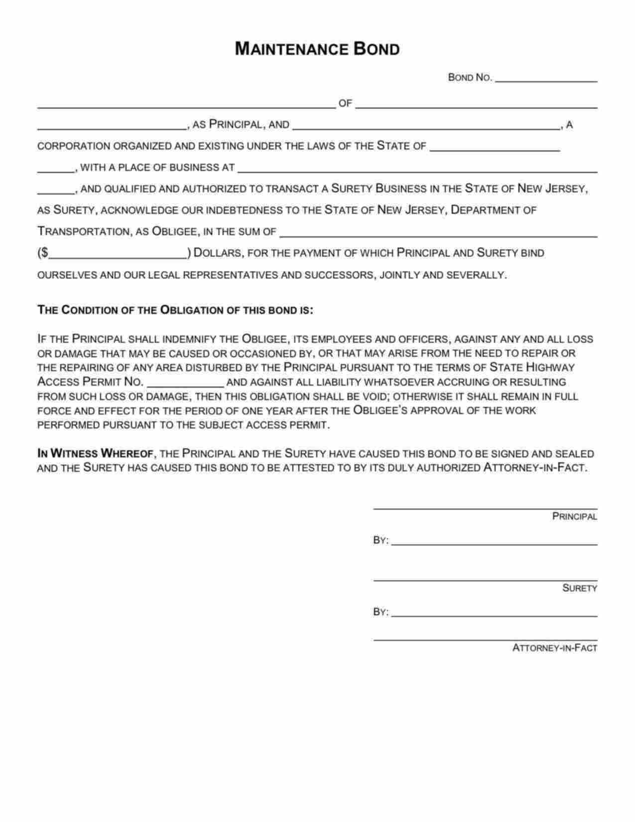 New Jersey Highway Access Permit Maintenance Bond Form