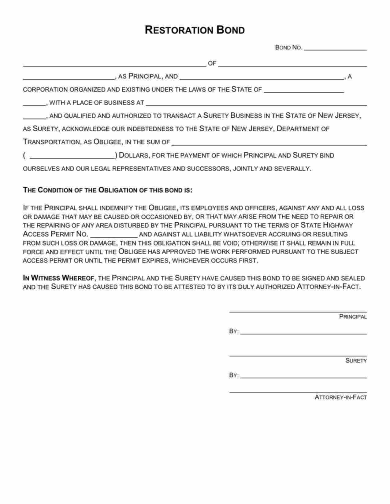 New Jersey Highway Access Permit Restoration Bond Form