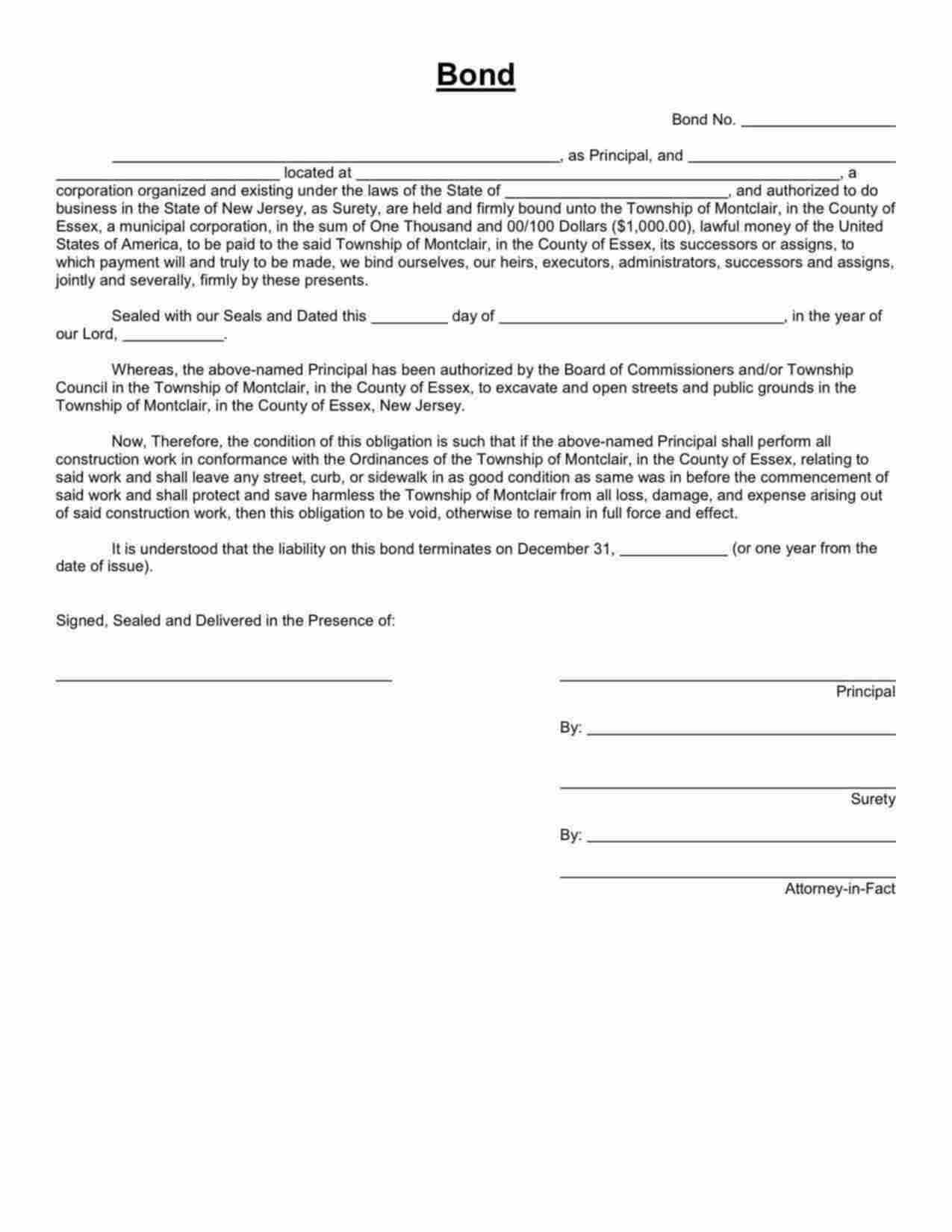 New Jersey Street Opening Bond Form