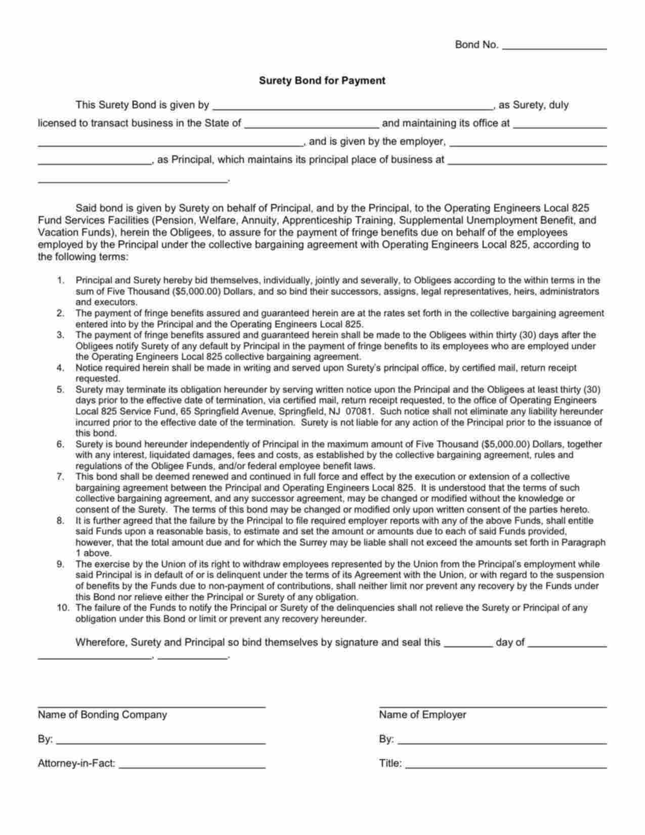 New Jersey Wage and Welfare Bond Form