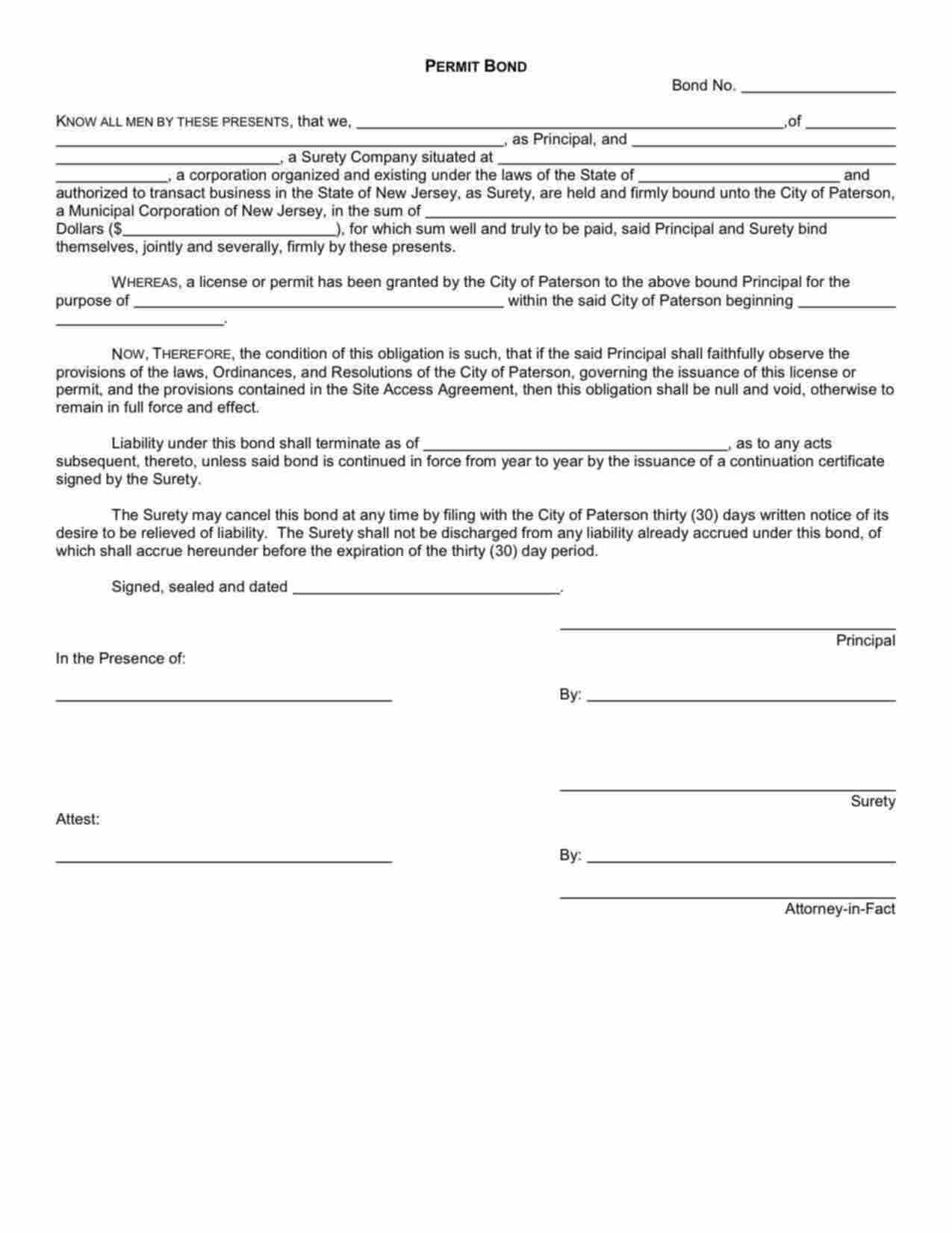 New Jersey License/Permit Bond Form