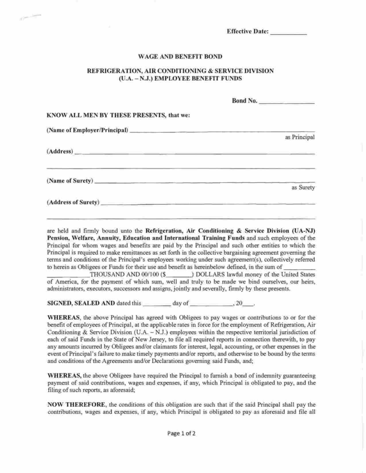 New Jersey Wage and Benefit Bond Form