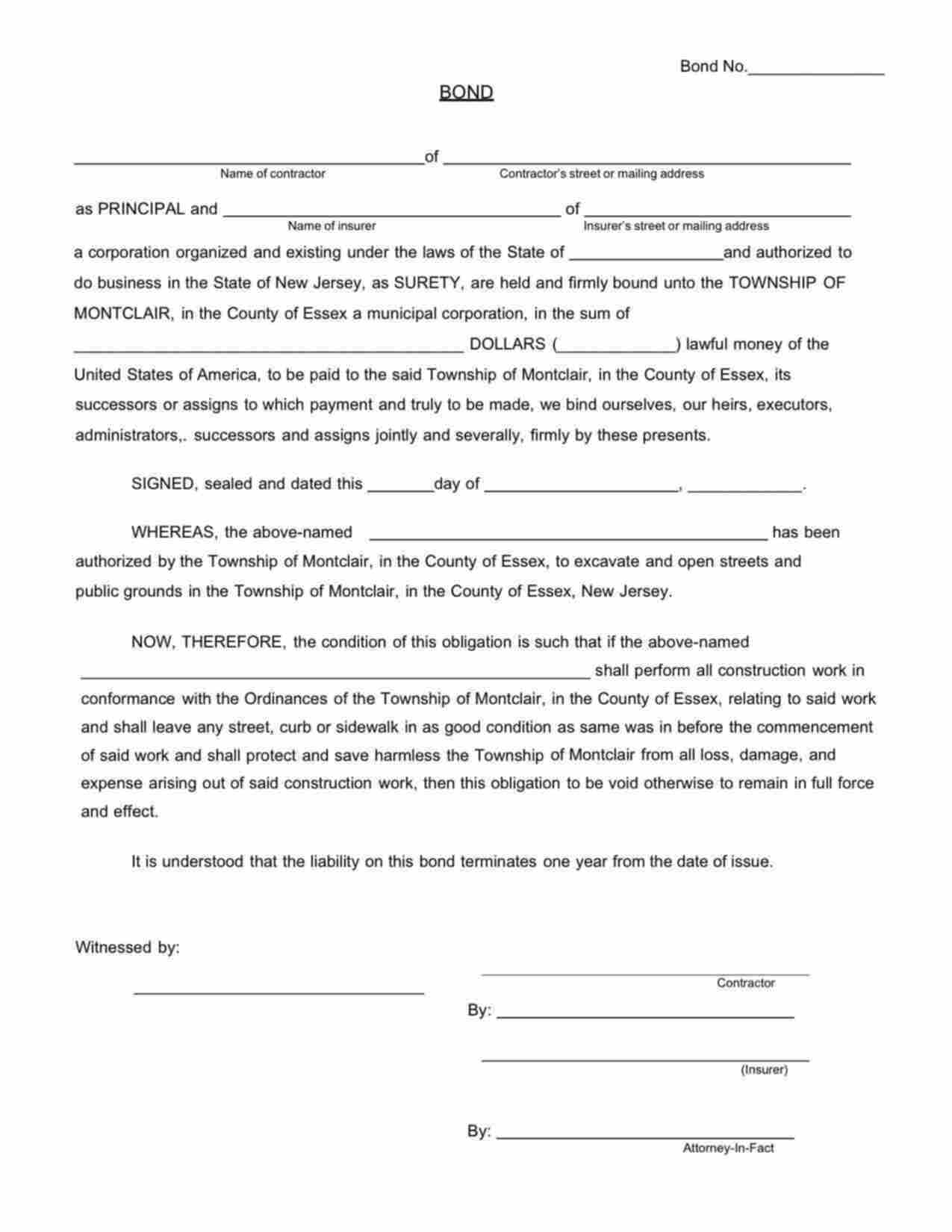 New Jersey Street Opening Bond Form