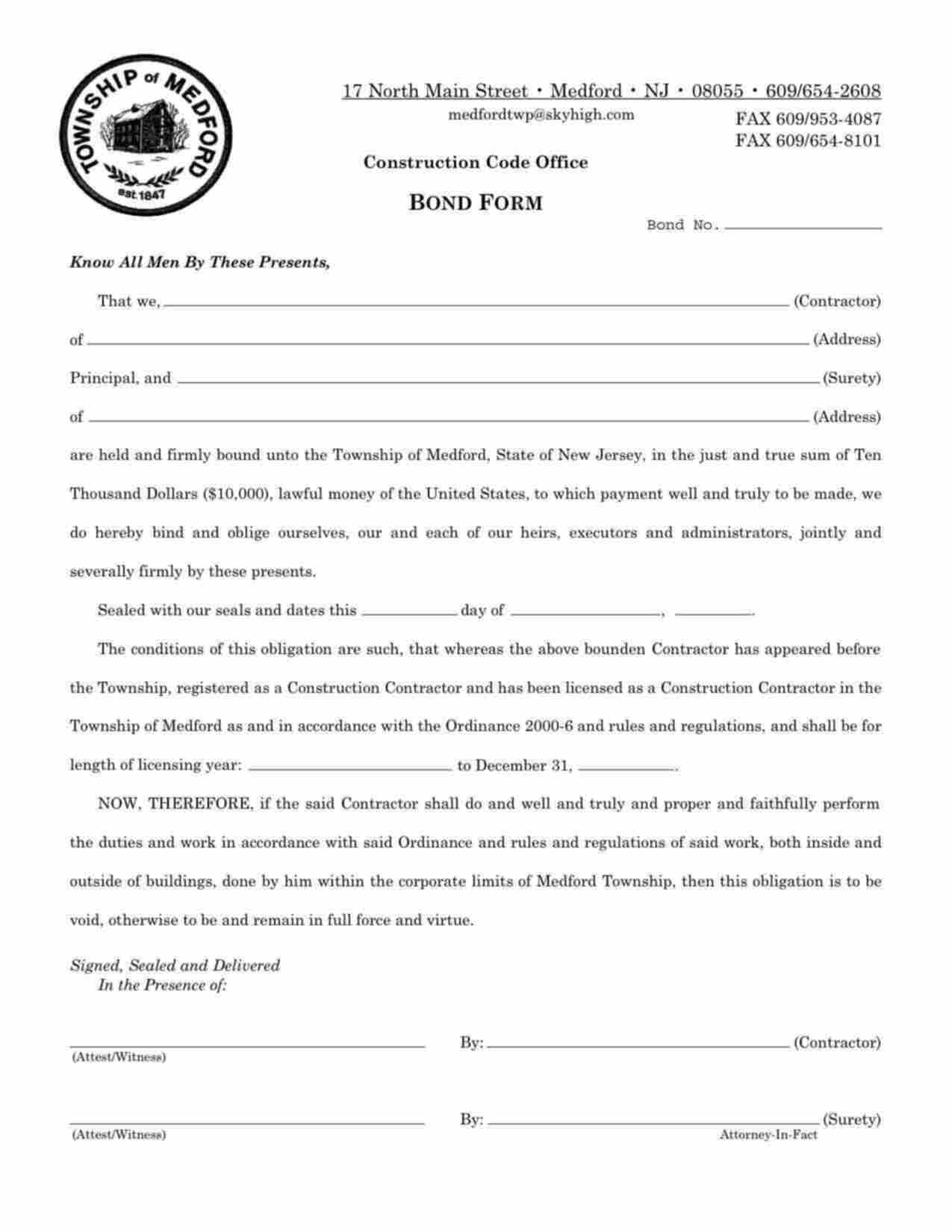 New Jersey Construction Contractor Bond Form