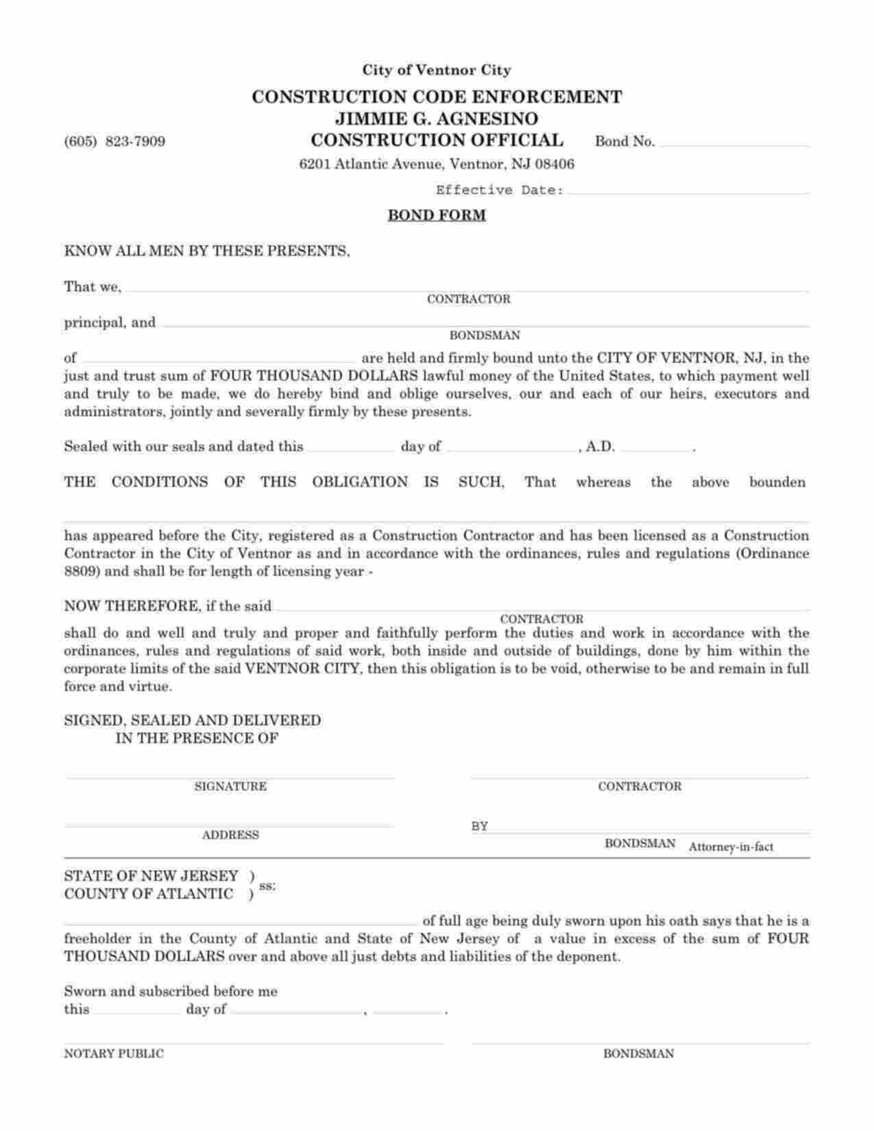 New Jersey Construction Contractor Bond Form