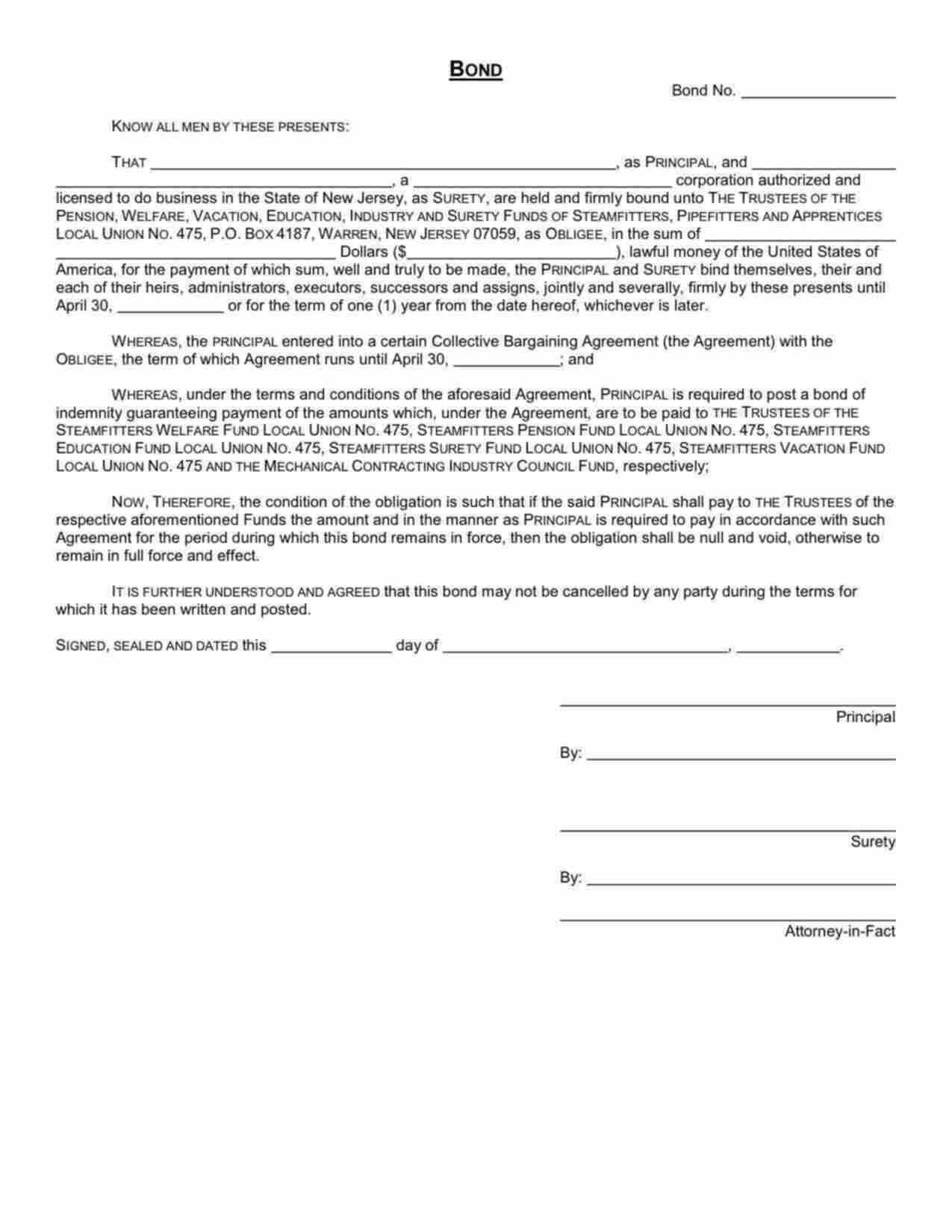 New Jersey Wage and Welfare Bond Form