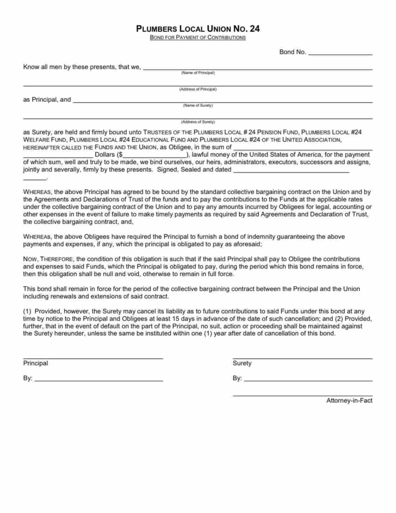 New Jersey Payment of Contributions Bond Form