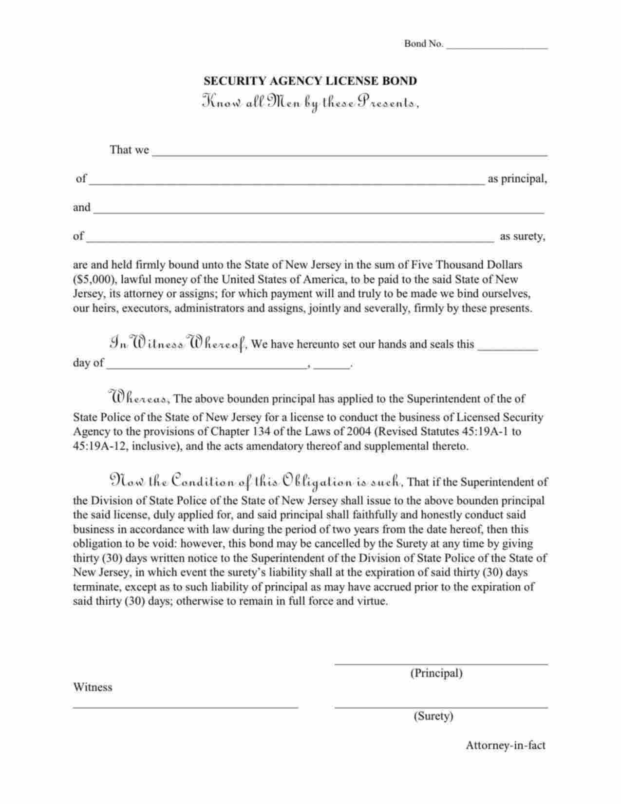 New Jersey Security Agency License Bond Form