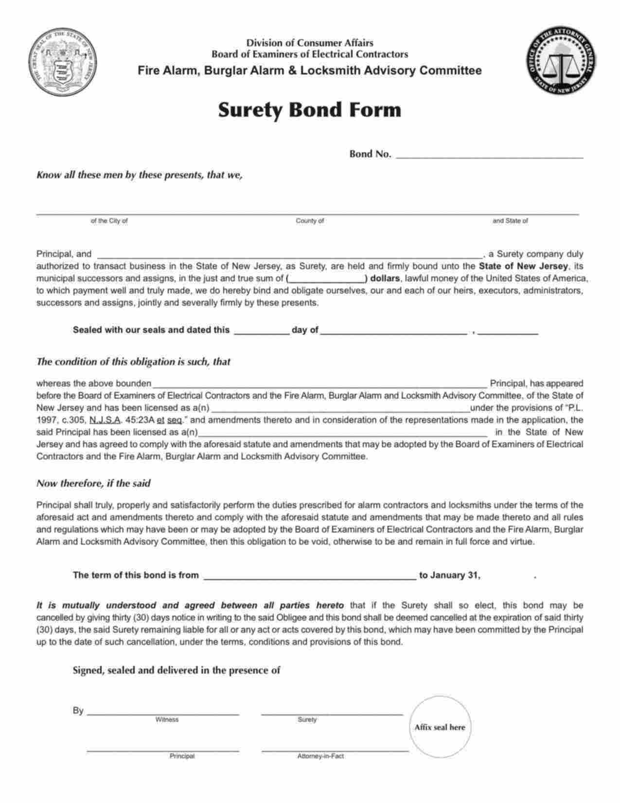 New Jersey Burglar Alarm Contractor Bond Form