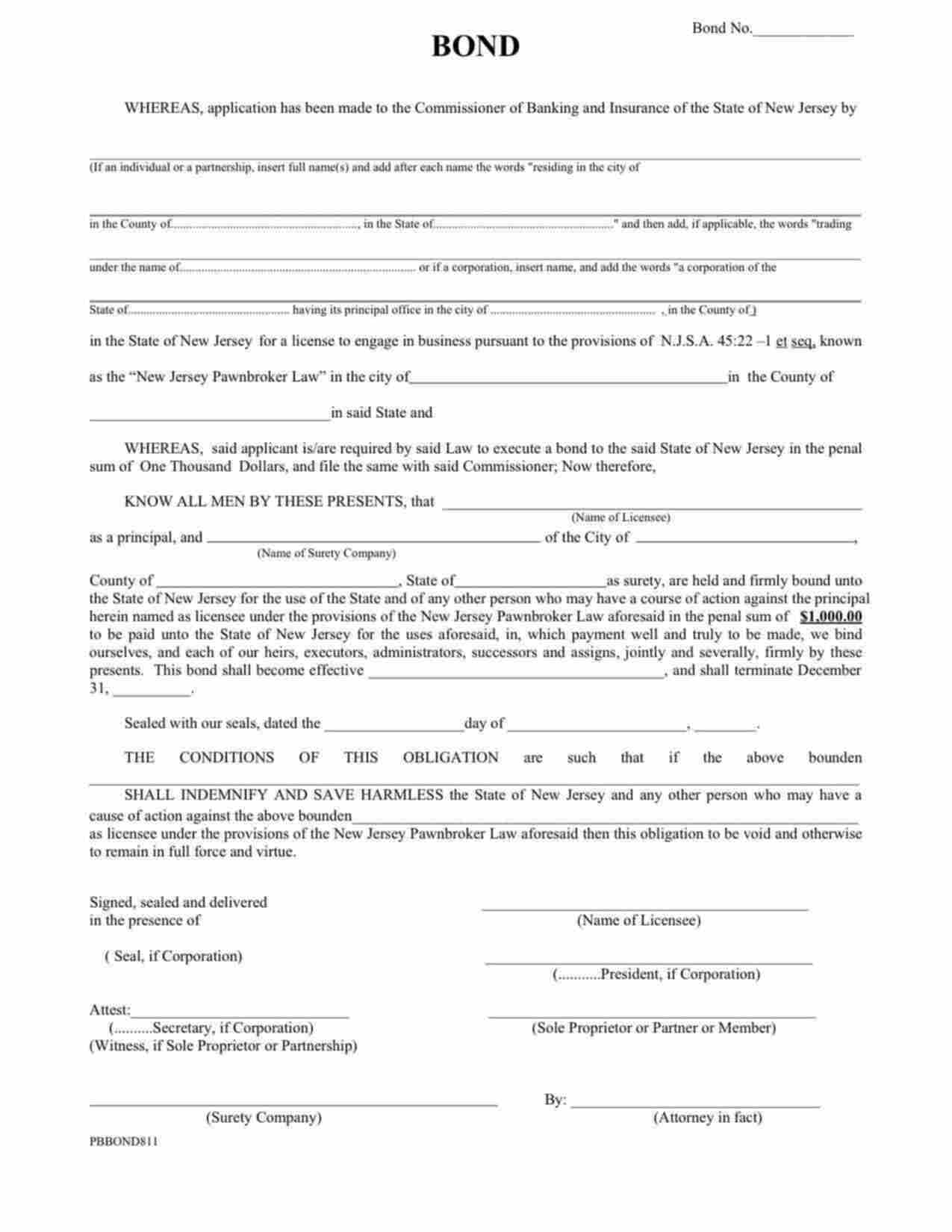 New Jersey Pawnbroker - Individual or Partnership Bond Form