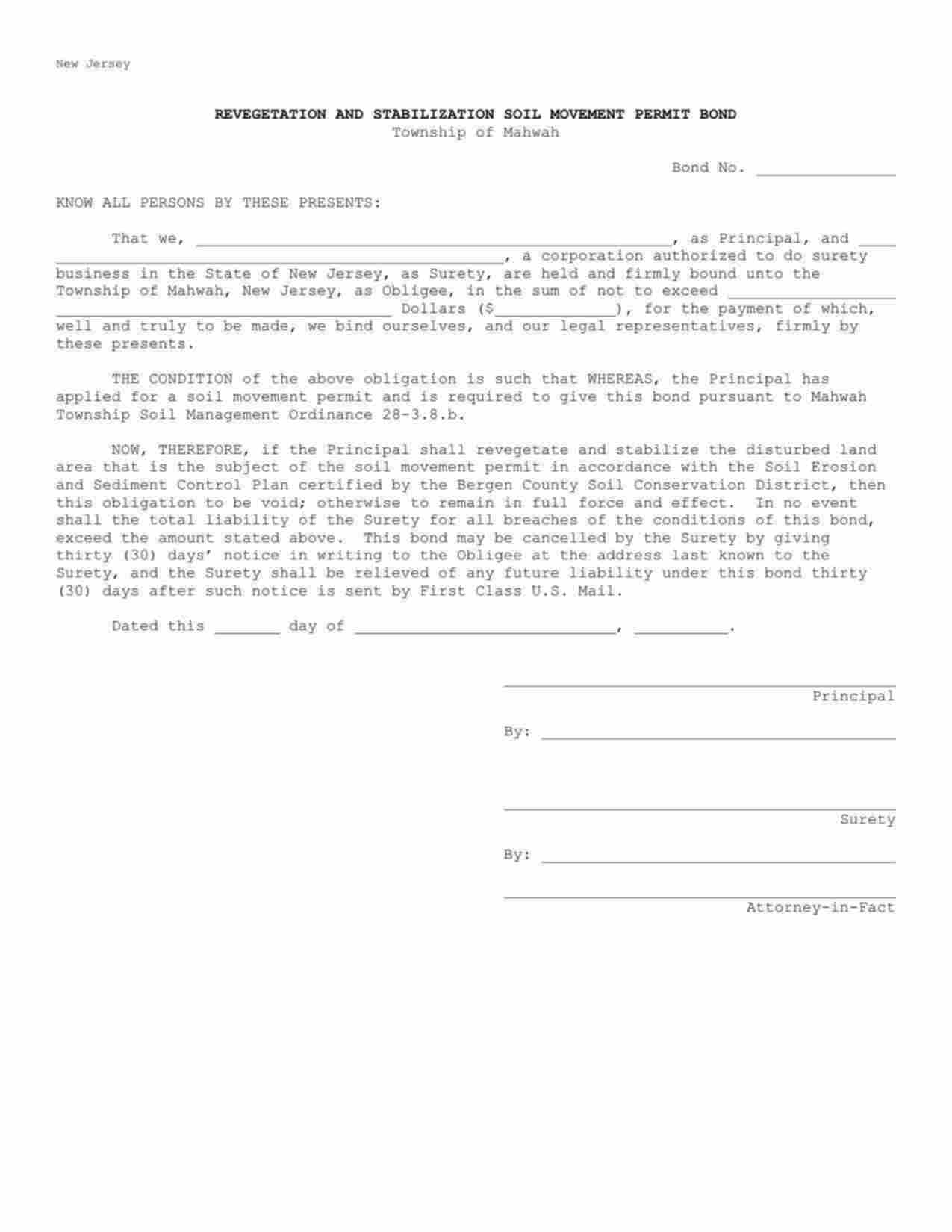 New Jersey Revegetation & Stabilization Soil Movement Bond Form