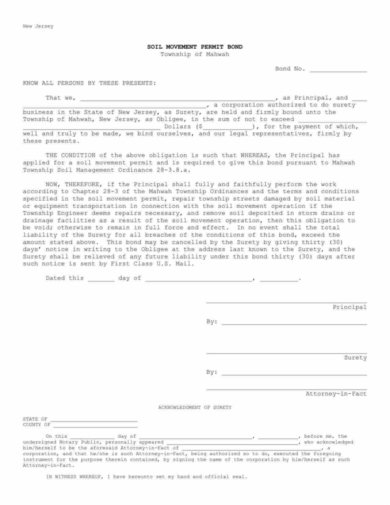 New Jersey Soil Movement Permit Bond Form