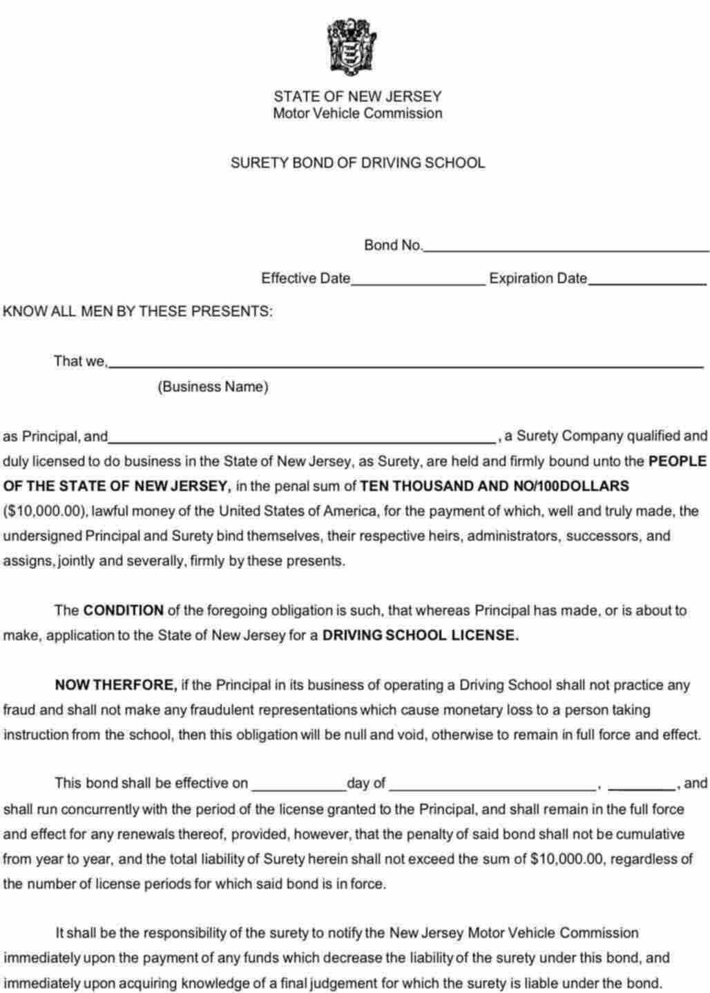 New Jersey Driving School Bond Form