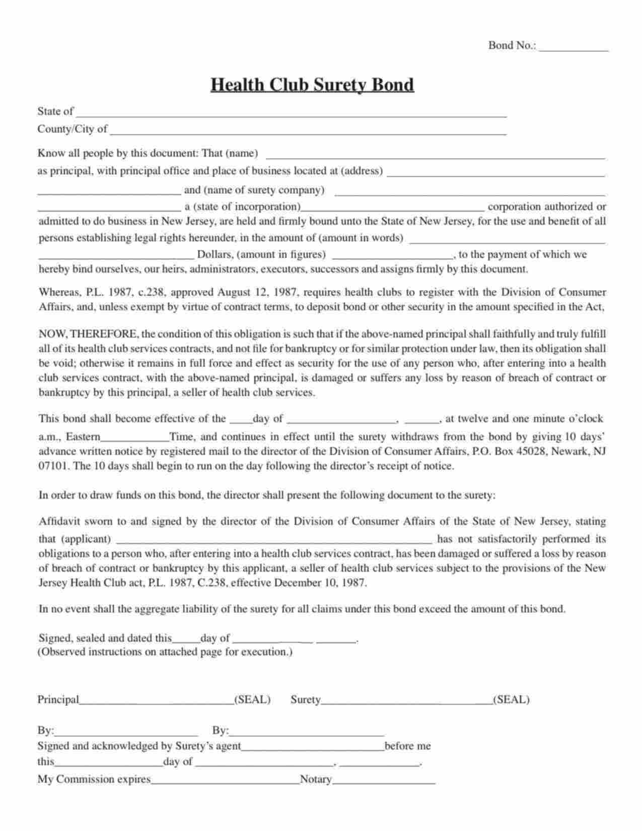 New Jersey Health Club Bond Form