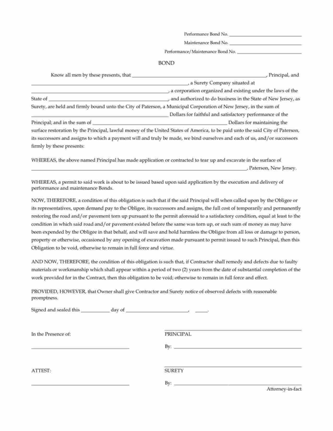 New Jersey Excavation Maintenance Bond Form