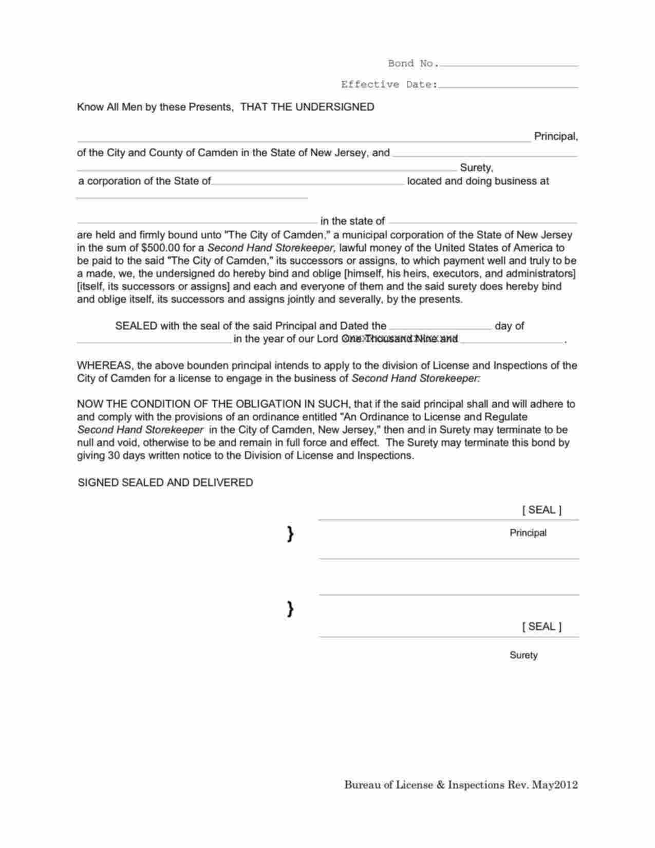 New Jersey Second Hand Storekeeper Bond Form