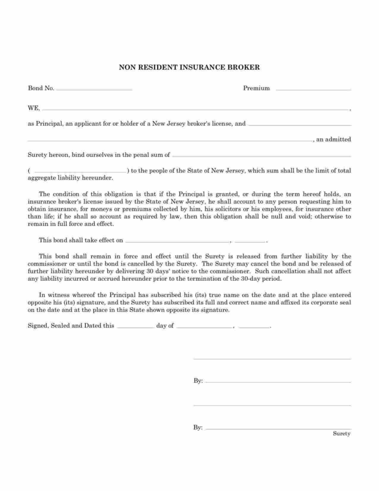 New Jersey Non Resident Insurance Broker Bond Form