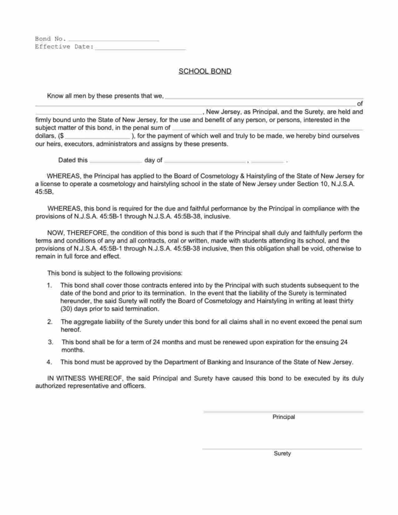 New Jersey Cosmetology School Bond Form