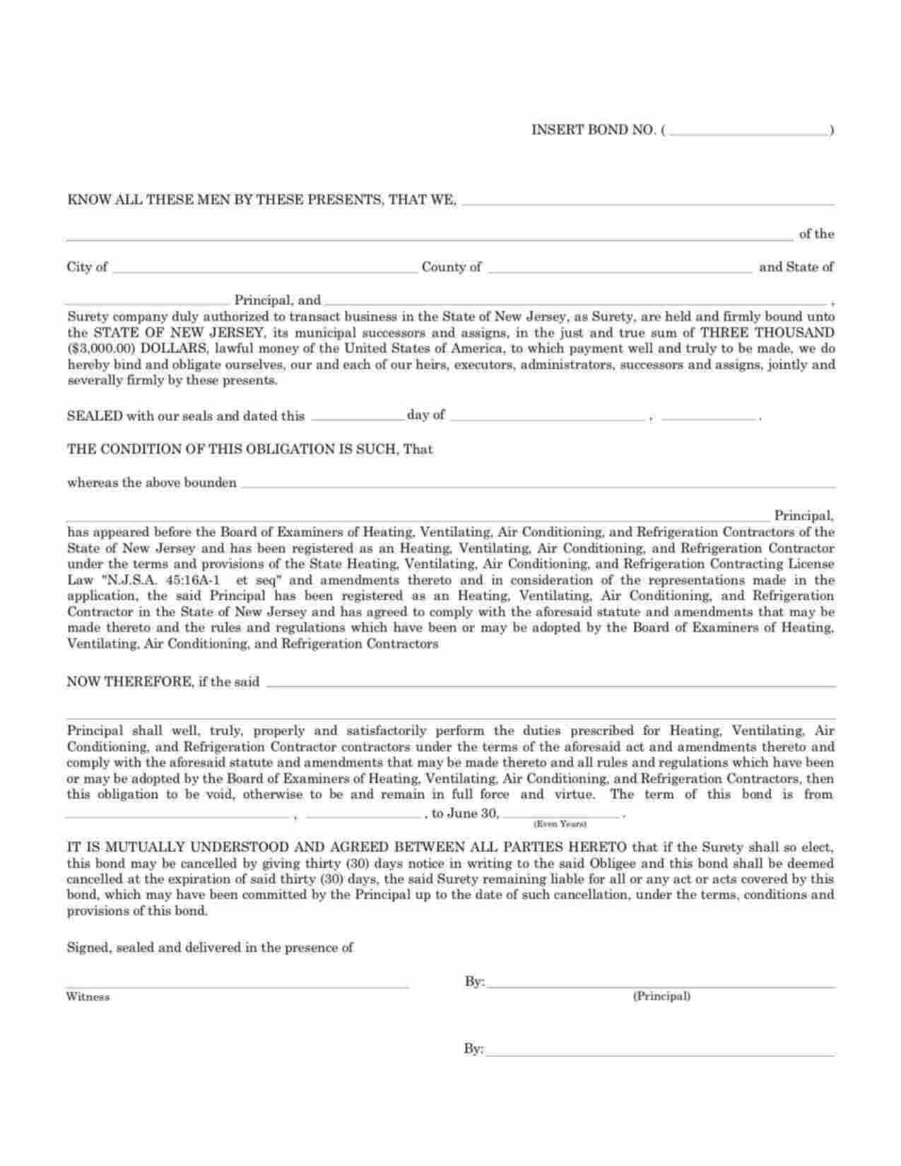 New Jersey Heating, Ventilating, Air Conditioning, and Refrigeration Contractors (HVACR) Bond Form