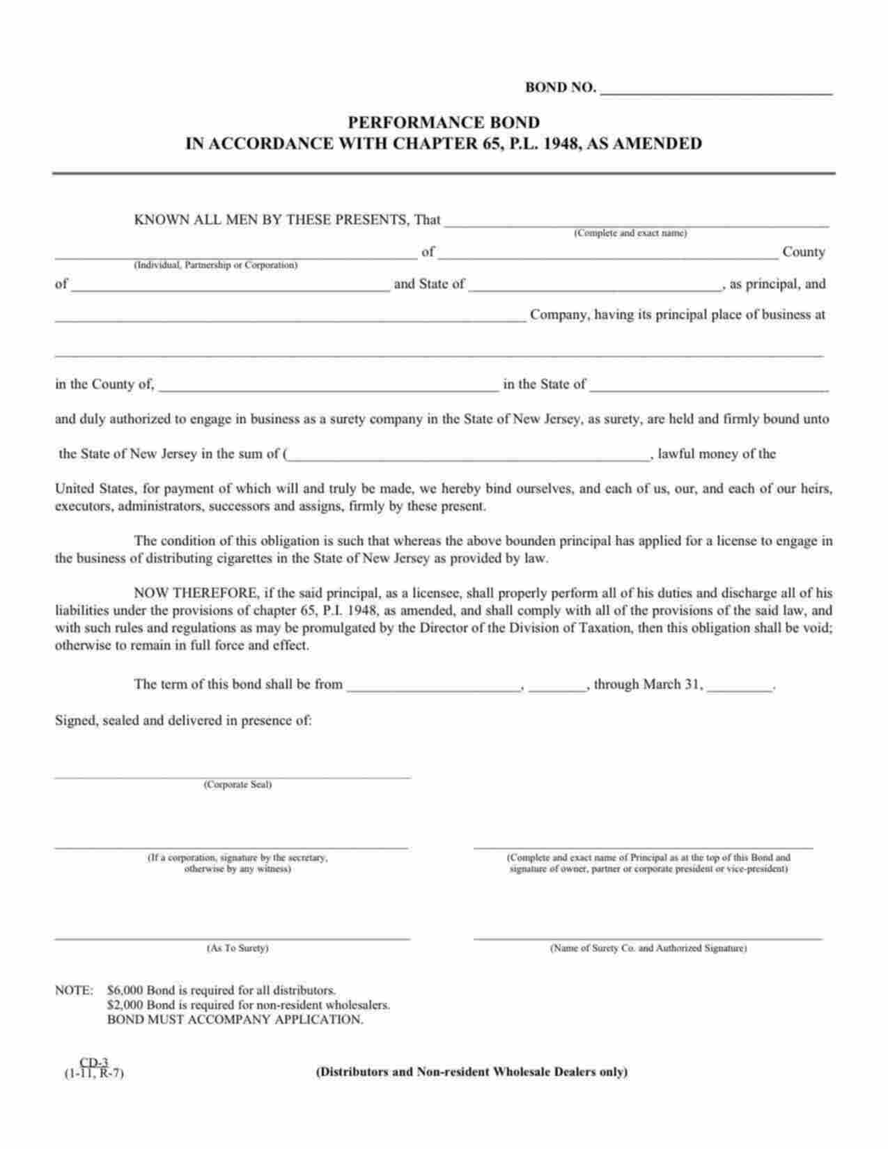 New Jersey Cigarette Non-Resident Wholesalers Bond Form