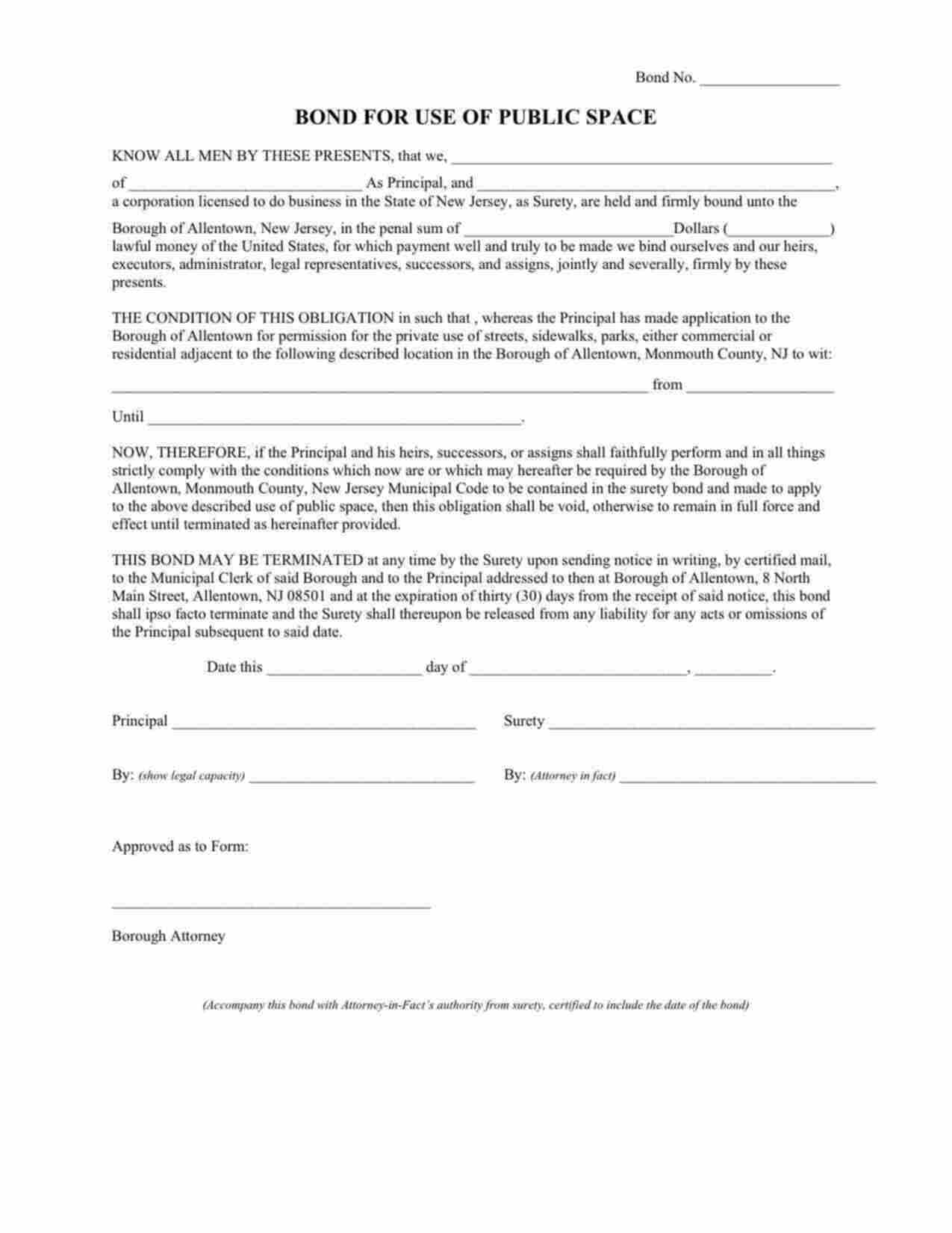 New Jersey Use of Public Space Bond Form