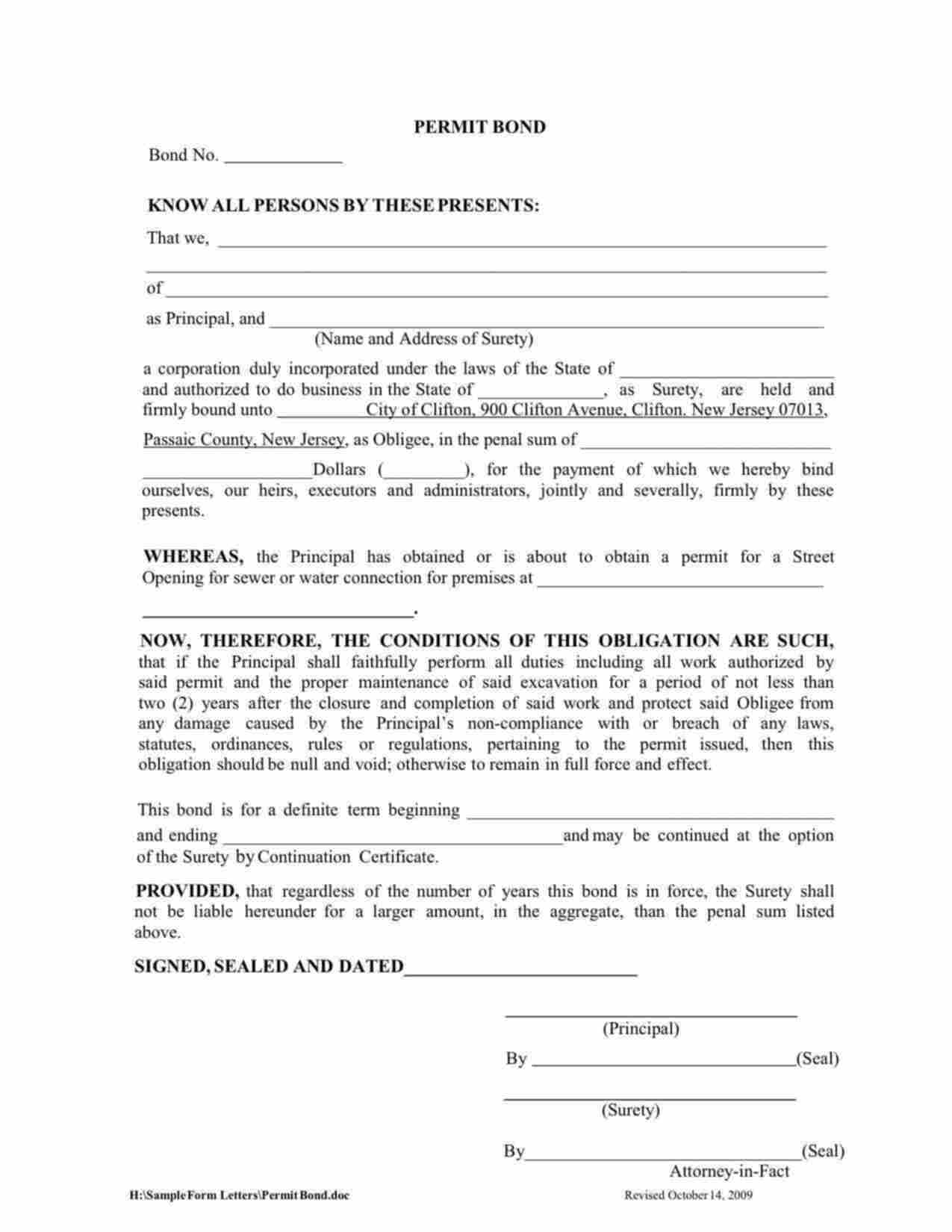 New Jersey Street Opening Permit Bond Form