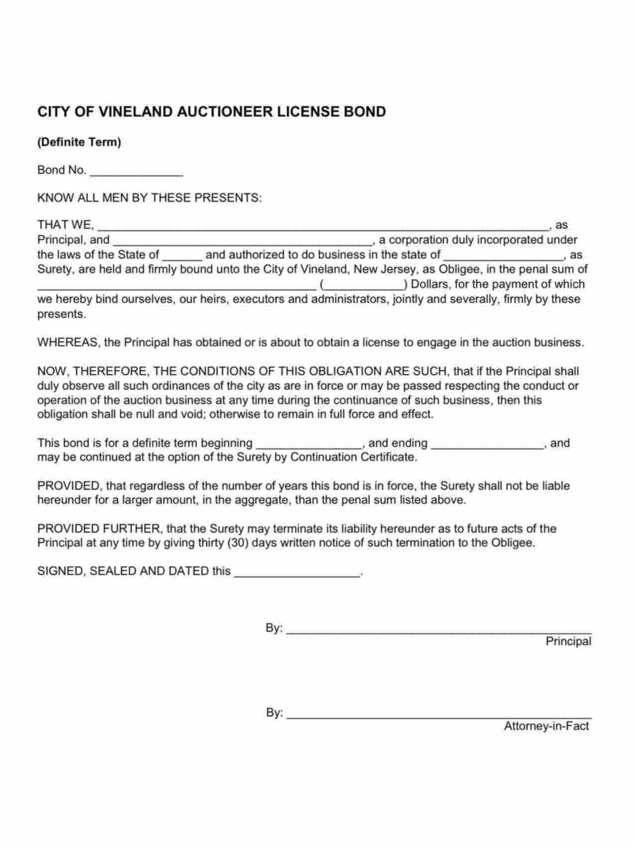 New Jersey Auctioneer License Bond Form