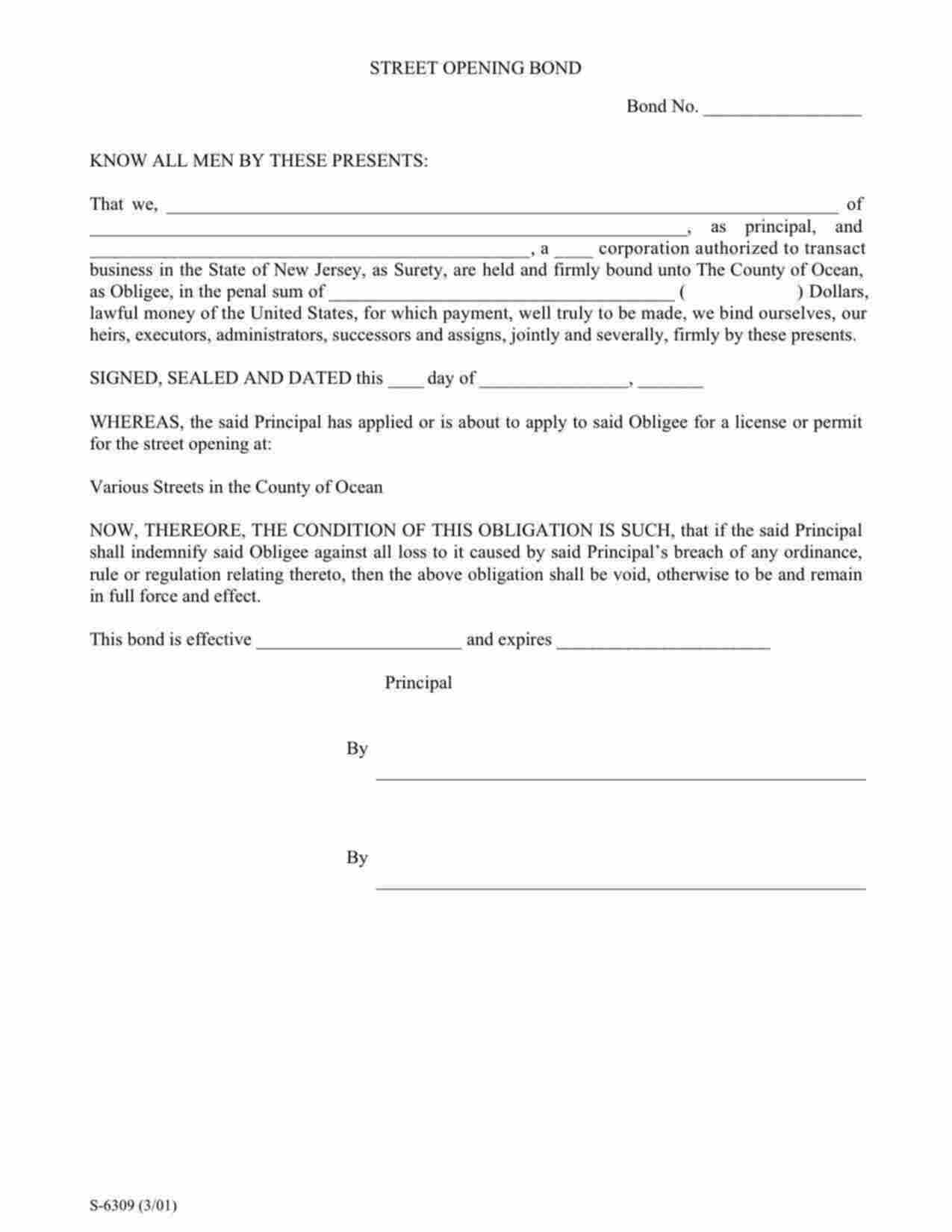 New Jersey Street Opening Bond Form