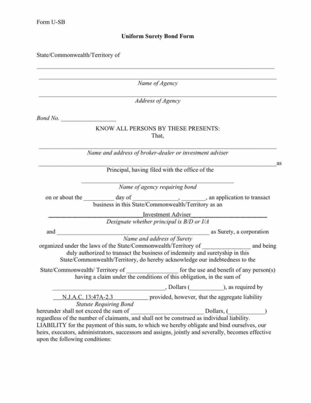 New Jersey Investment Adviser Bond Form