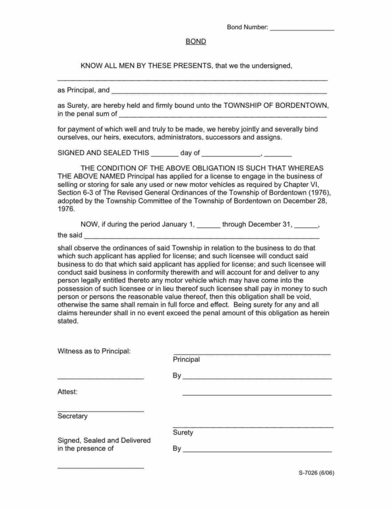 New Jersey Motor Vehicle Dealer Bond Form