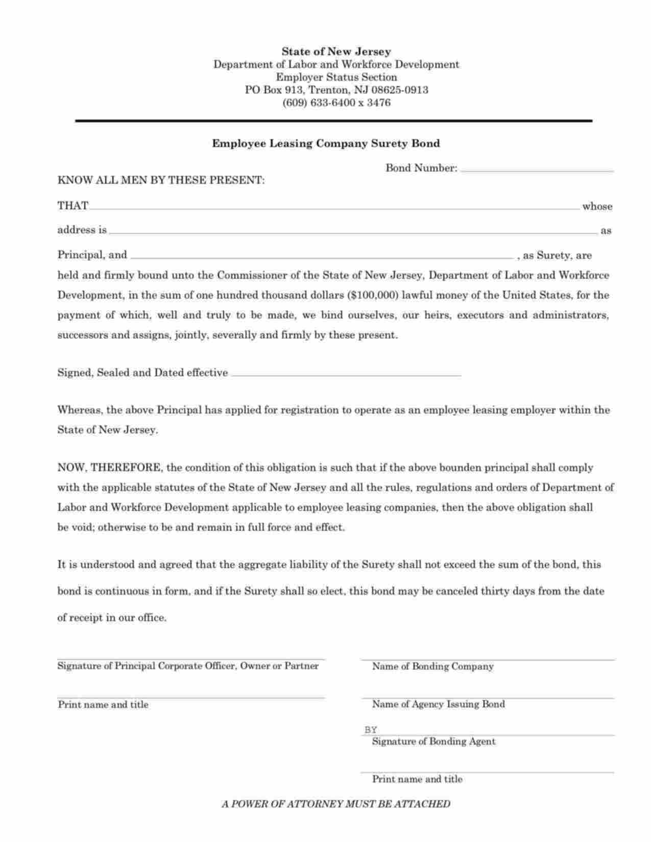 New Jersey Employee Leasing Company Bond Form