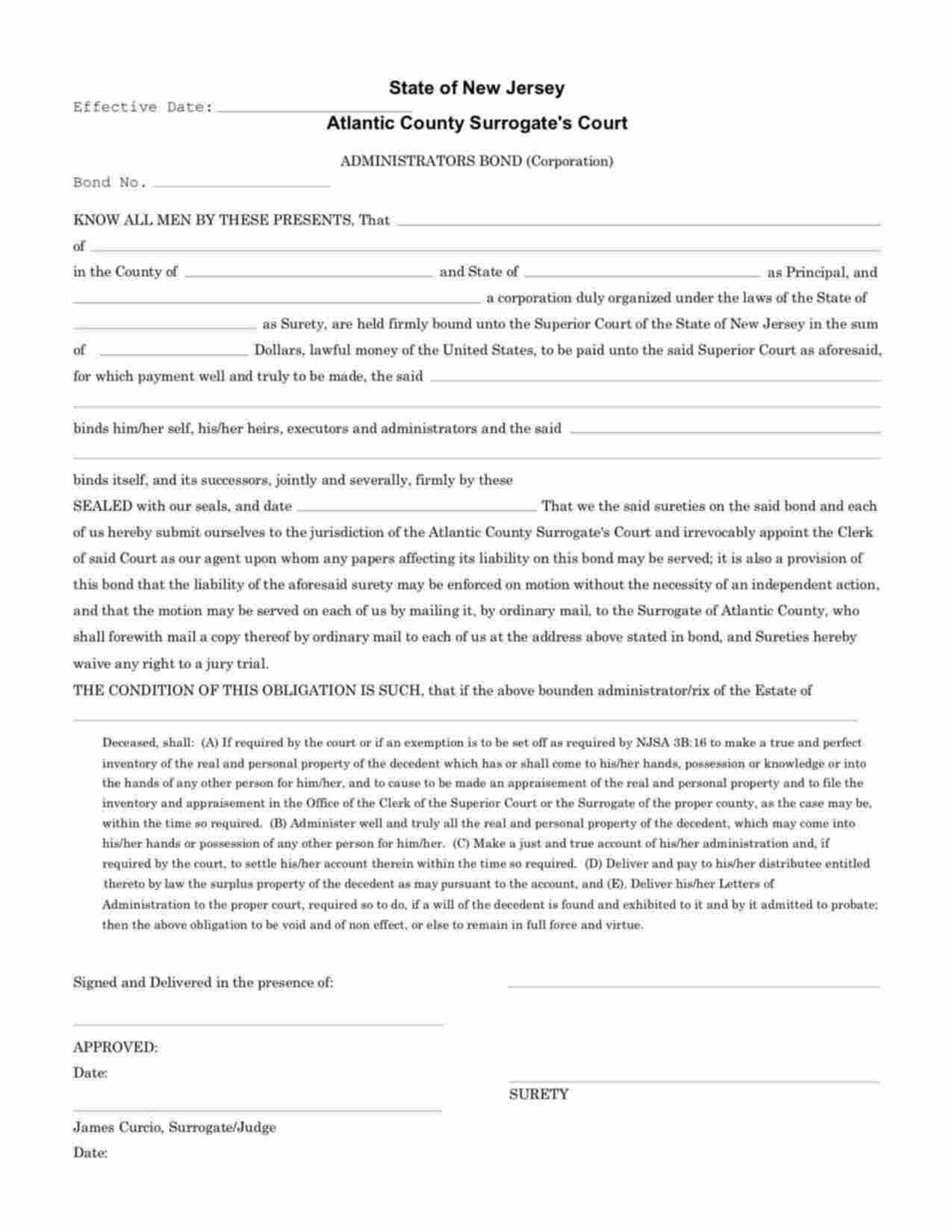 New Jersey Administrators Bond Form