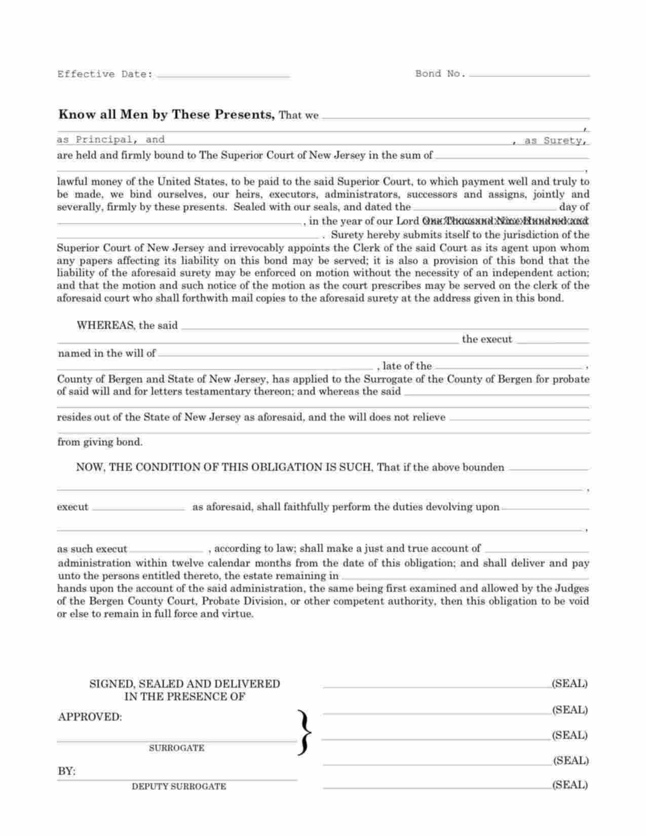 New Jersey Administrator/Executor Bond Form