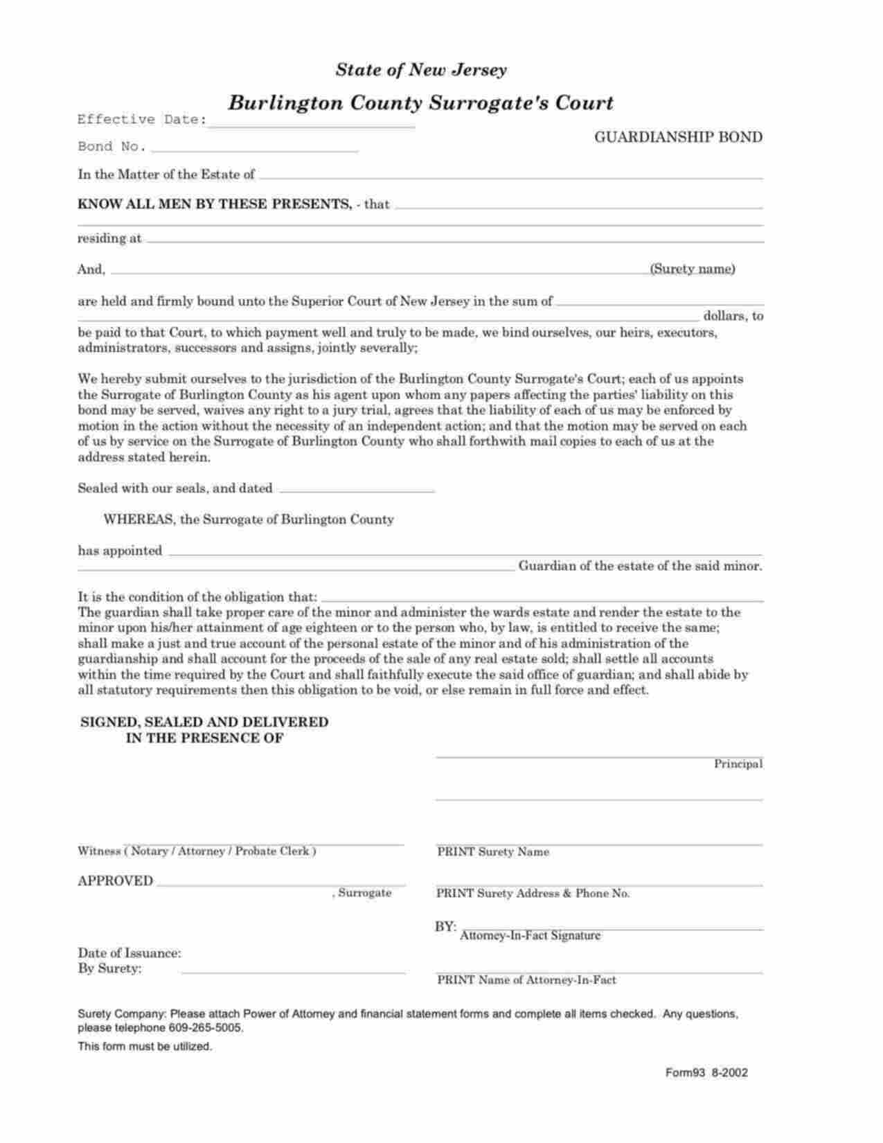 New Jersey Guardianship - Minor Bond Form