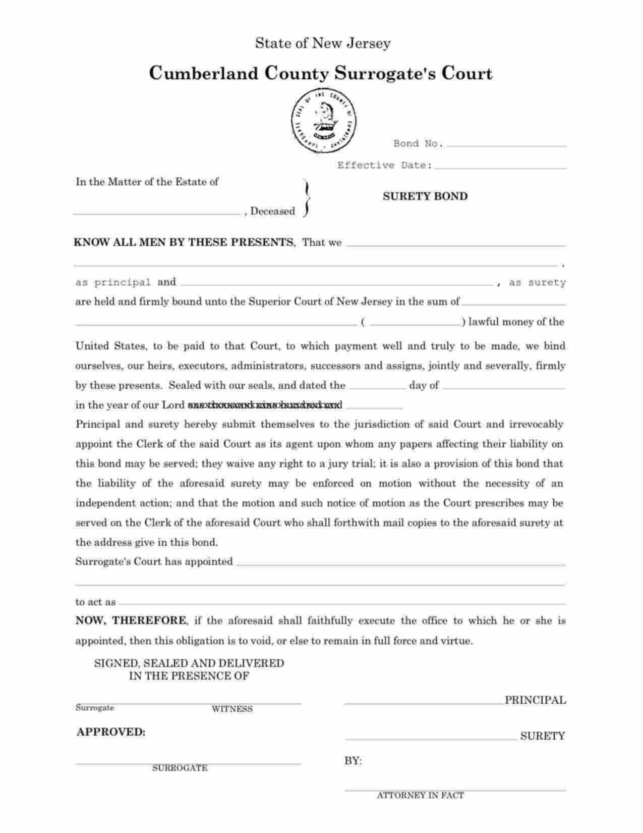 New Jersey Administrator/Executor Bond Form