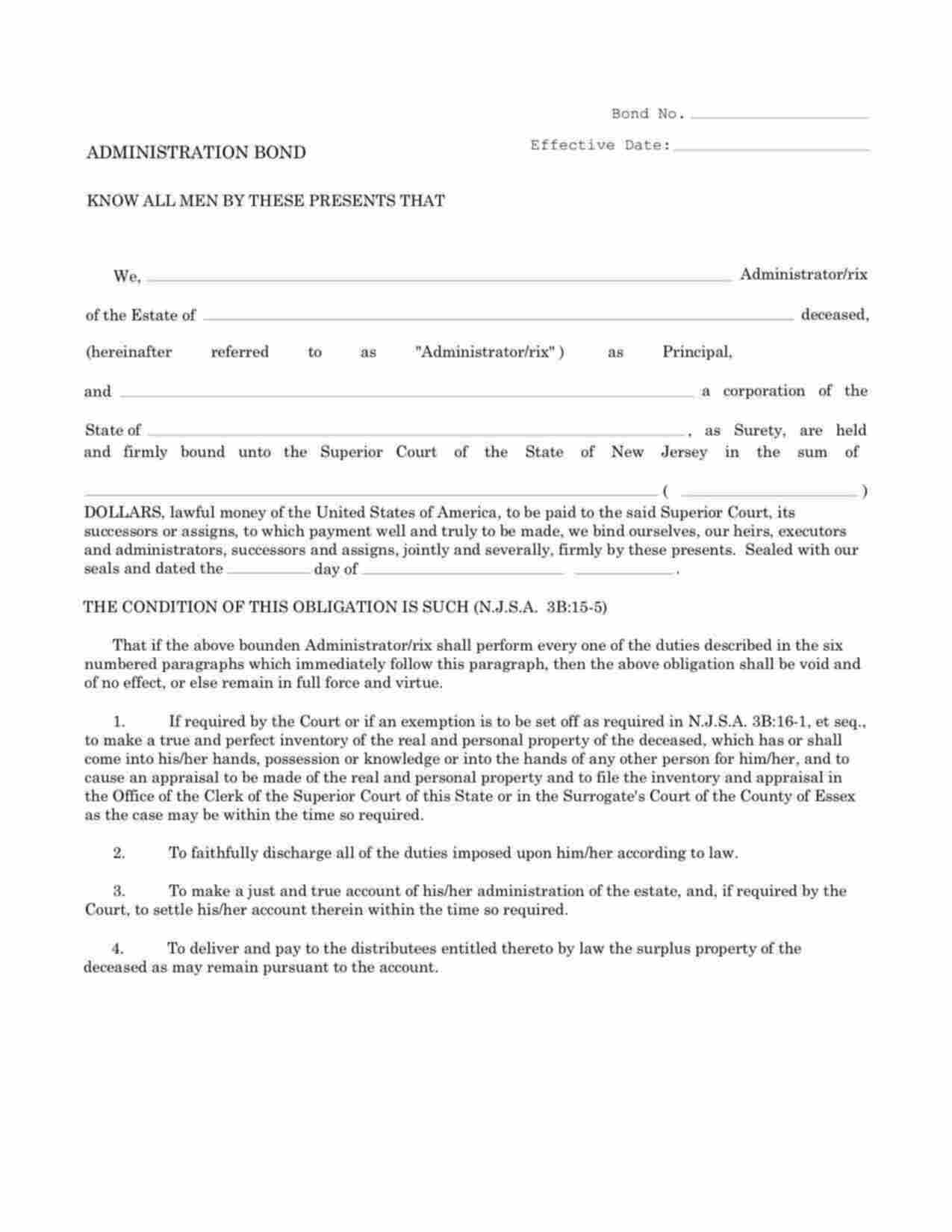 New Jersey Administrator Bond Form