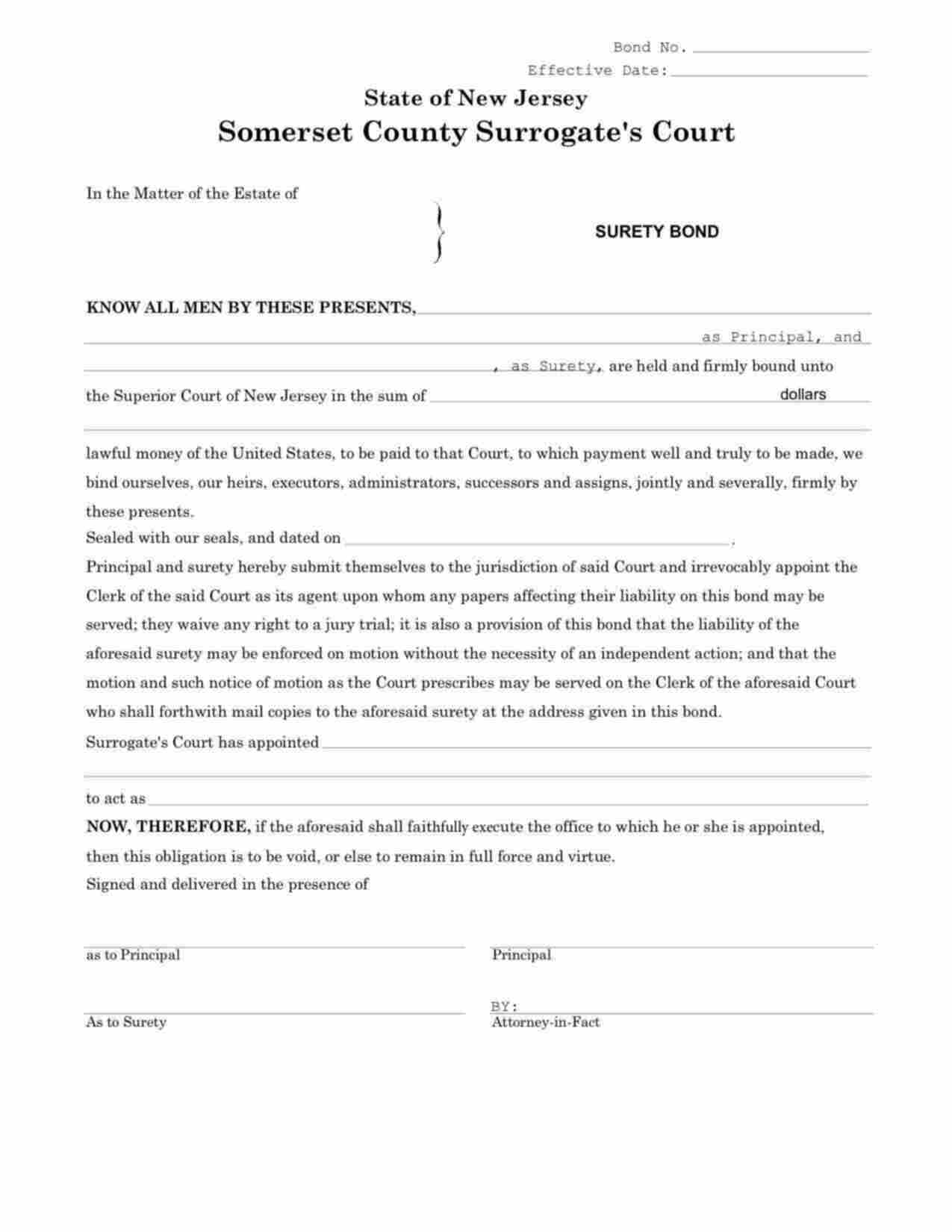 New Jersey Administrator/Executor Bond Form