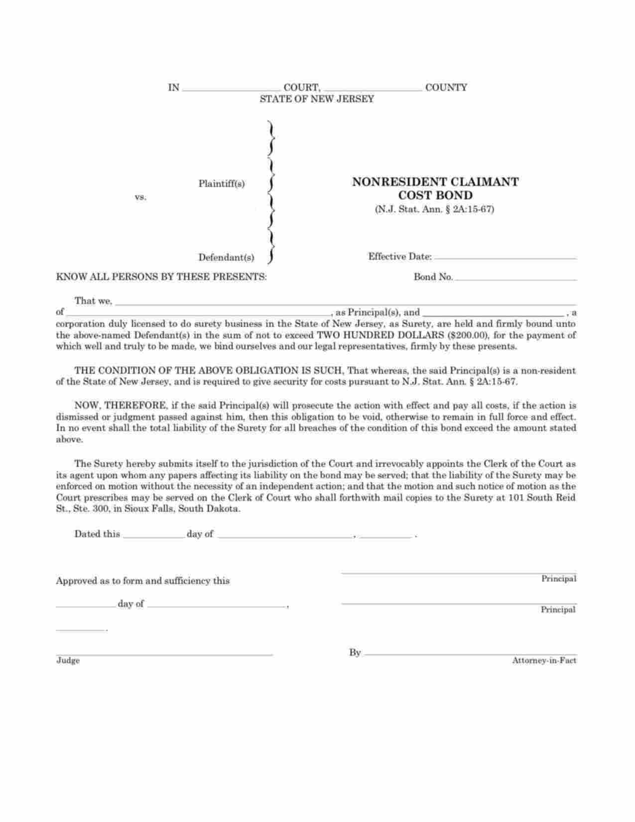 New Jersey Nonresident Claimant Cost Bond Form