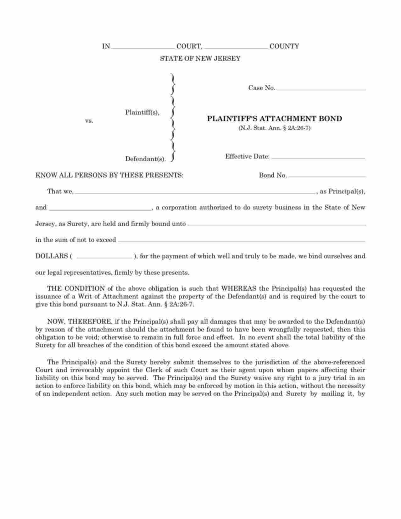 New Jersey Plaintiffs Attachment Bond Form