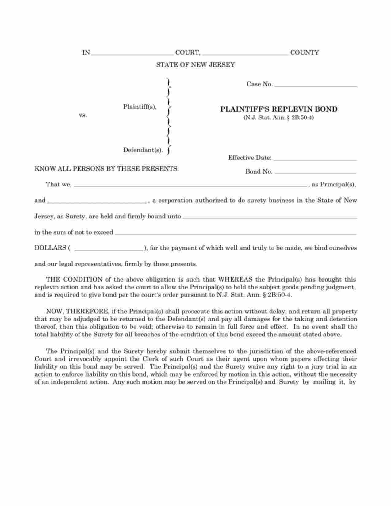 New Jersey Plaintiffs Replevin Bond Form