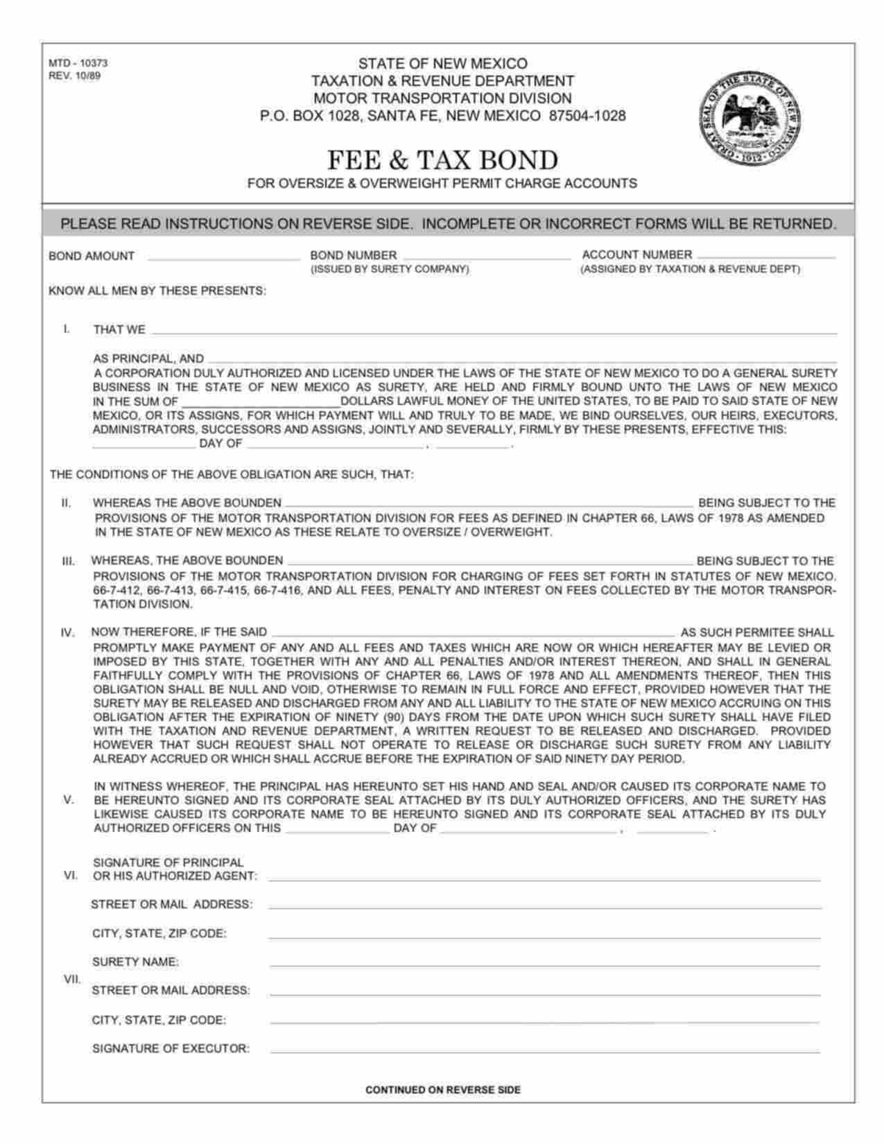 New Mexico Oversize & Overweight Permit Fee & Tax Bond Form