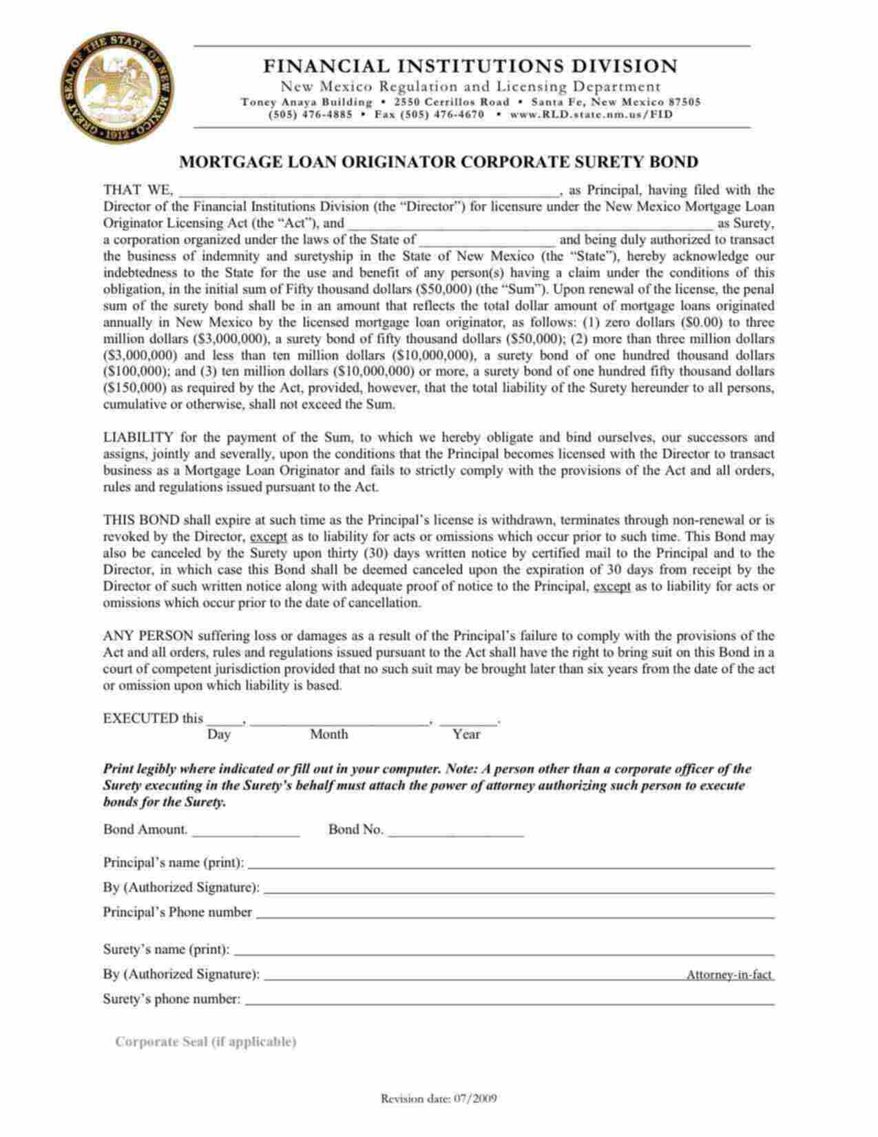 New Mexico Mortgage Loan Originator Bond Form