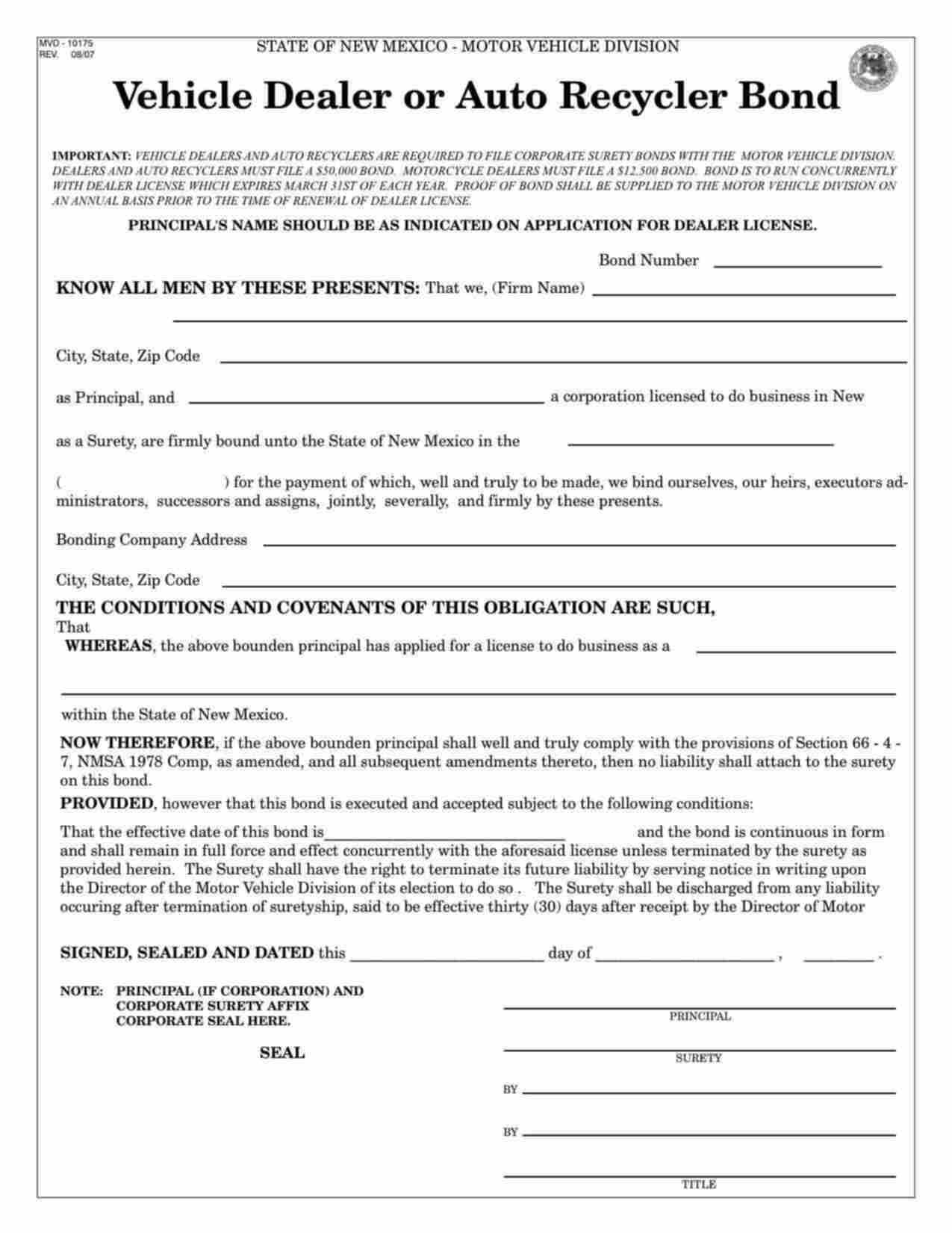 New Mexico Used Motor Vehicle Dealer Bond Form