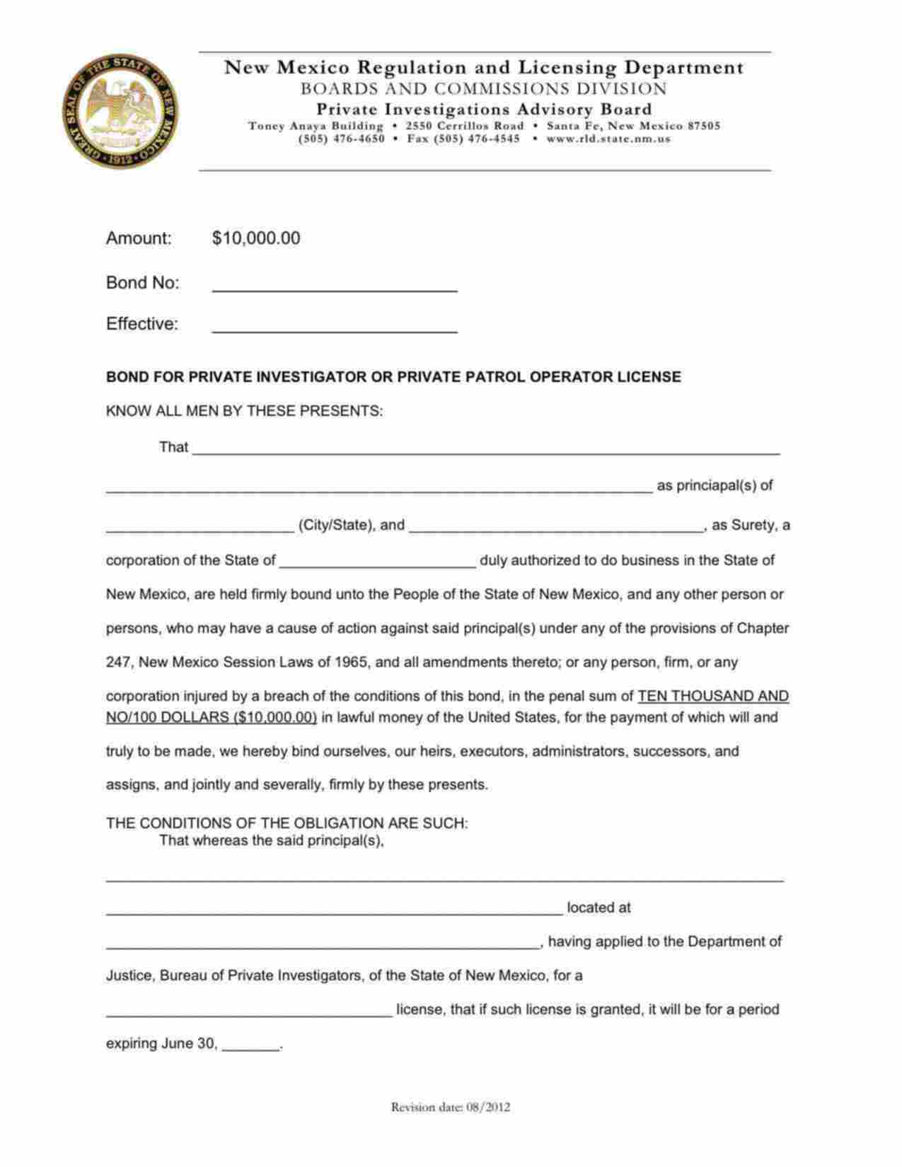 New Mexico Private Investigator Bond Form