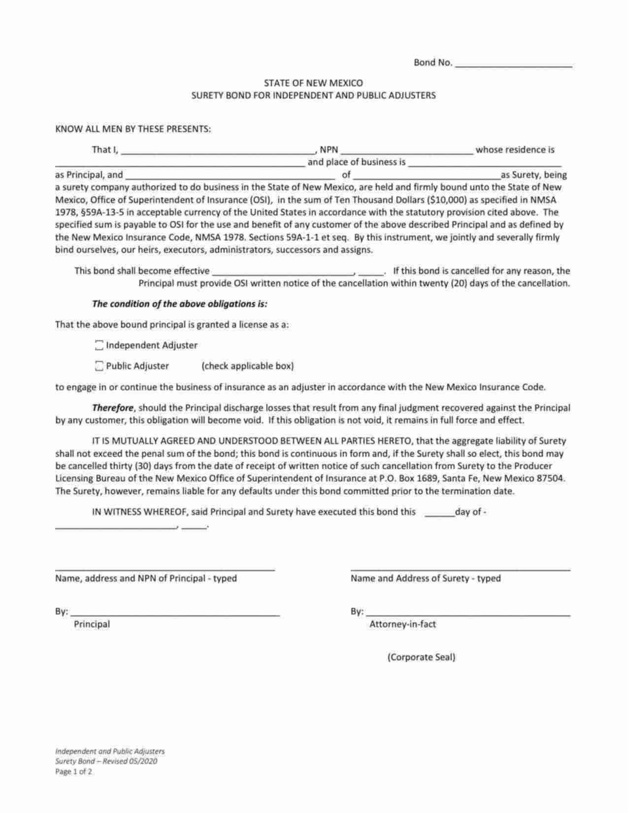 New Mexico Independent Adjuster Bond Form