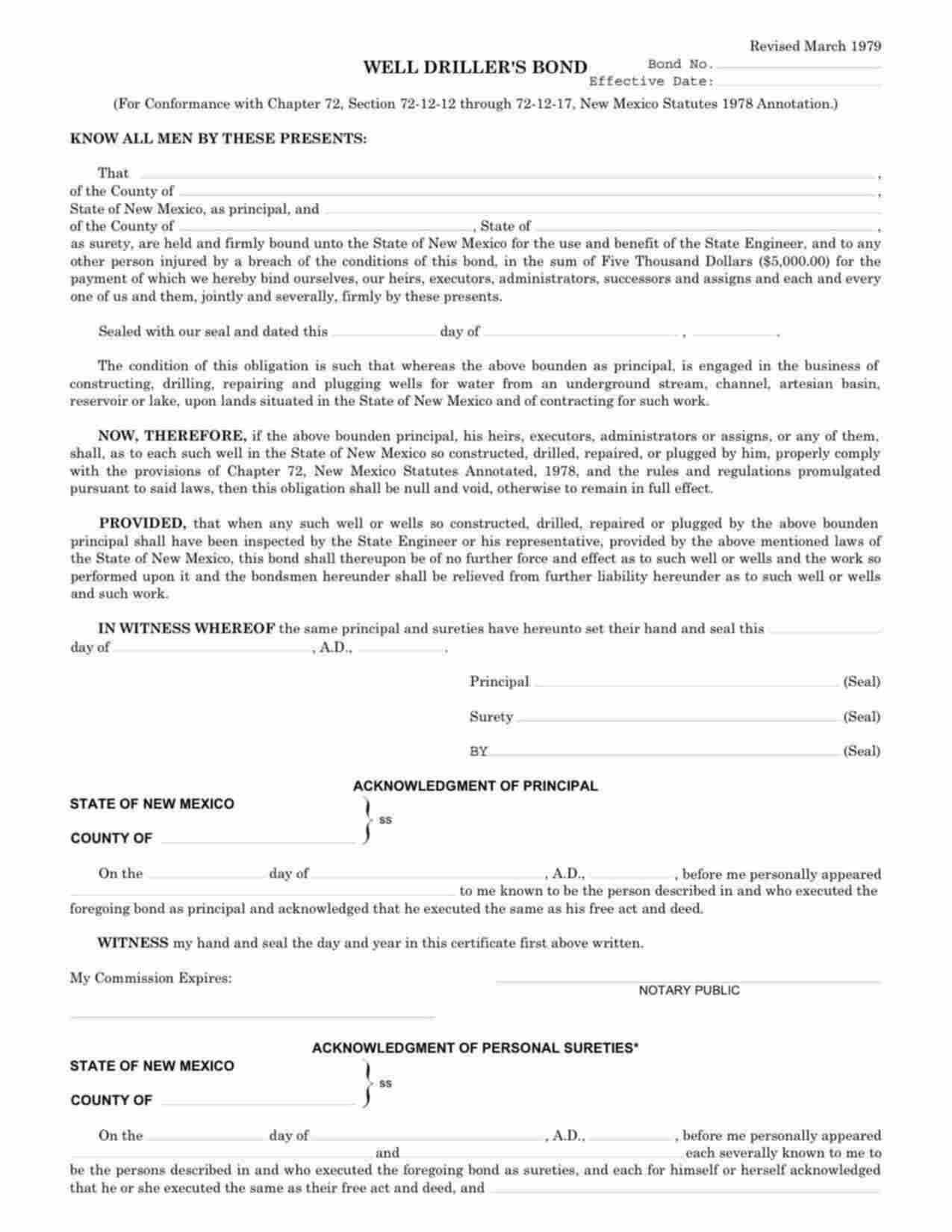 New Mexico Water Well Driller Bond Form