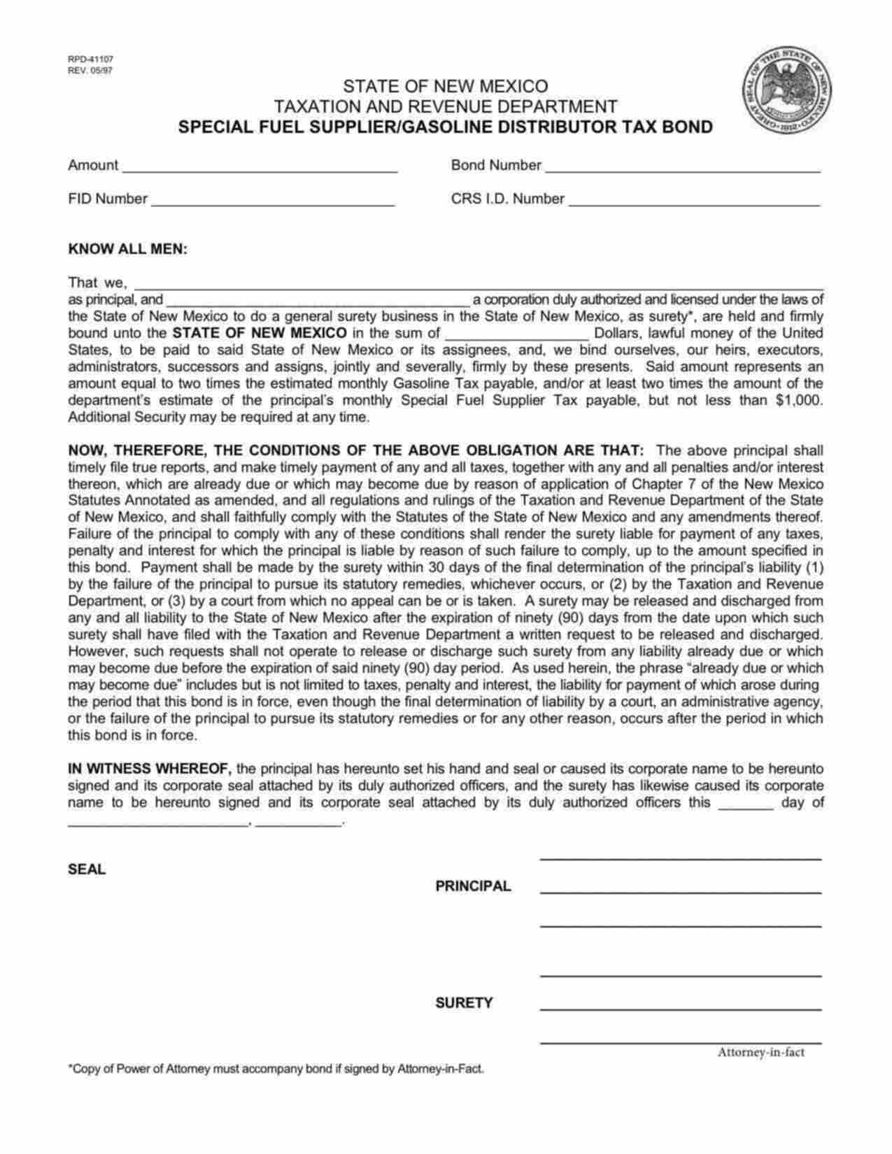 New Mexico Special Fuel Supplier/Gasoline Distributor Tax Bond Form